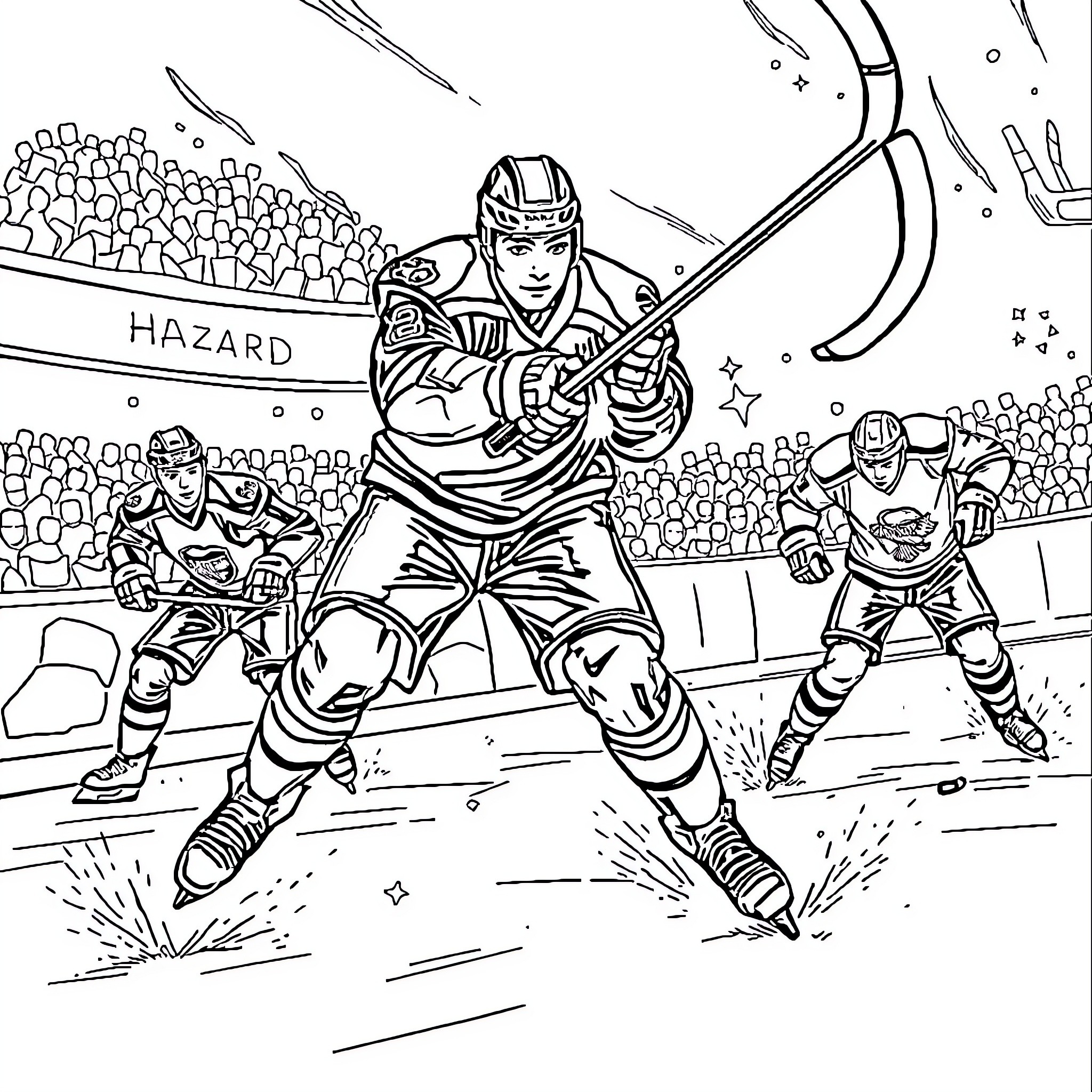 Hazard at the Hockey Rink Coloring Page (free black-and-white line drawing printable PDF for all, from beginners to advanced learners, including children, teens, adults, and seniors)