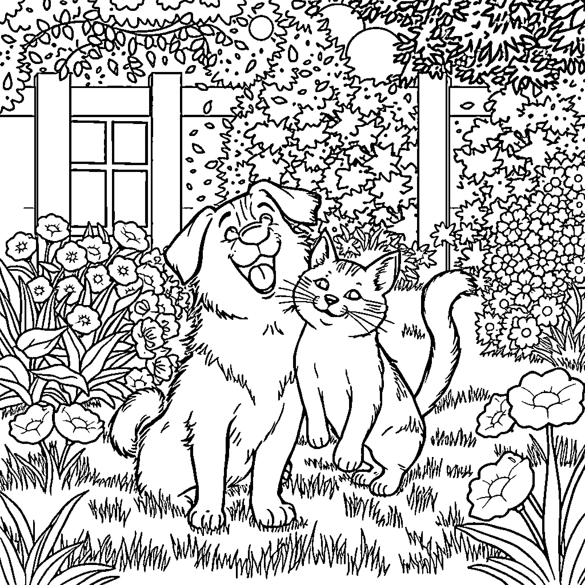 Hund and Cat Playing in the Garden Coloring Page (free black-and-white line drawing printable PDF for all, from beginners to advanced learners, including children, teens, adults, and seniors)