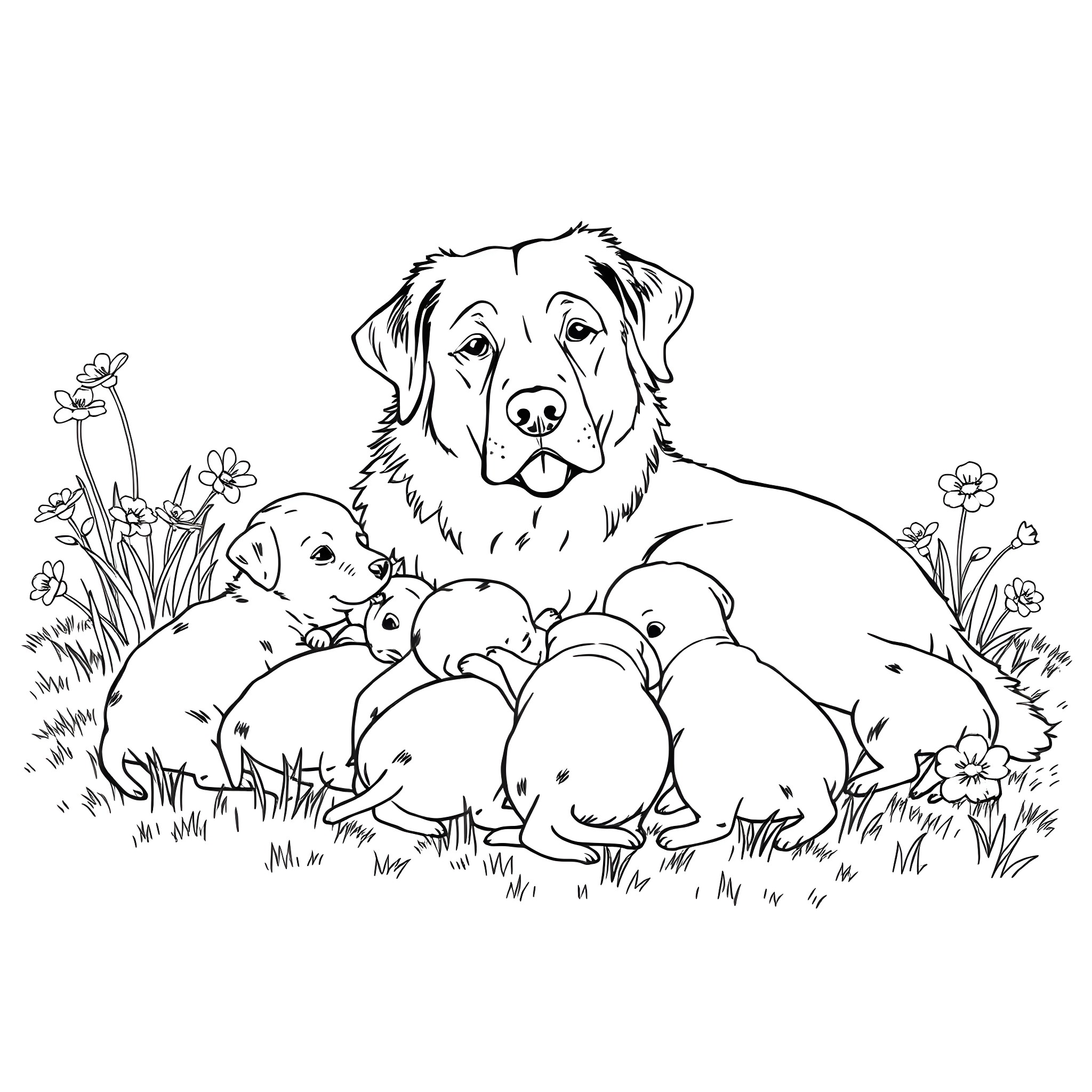Dog with Puppies in Flowery Field Coloring Page (free black-and-white line drawing printable PDF for all, from beginners to advanced learners, including children, teens, adults, and seniors)