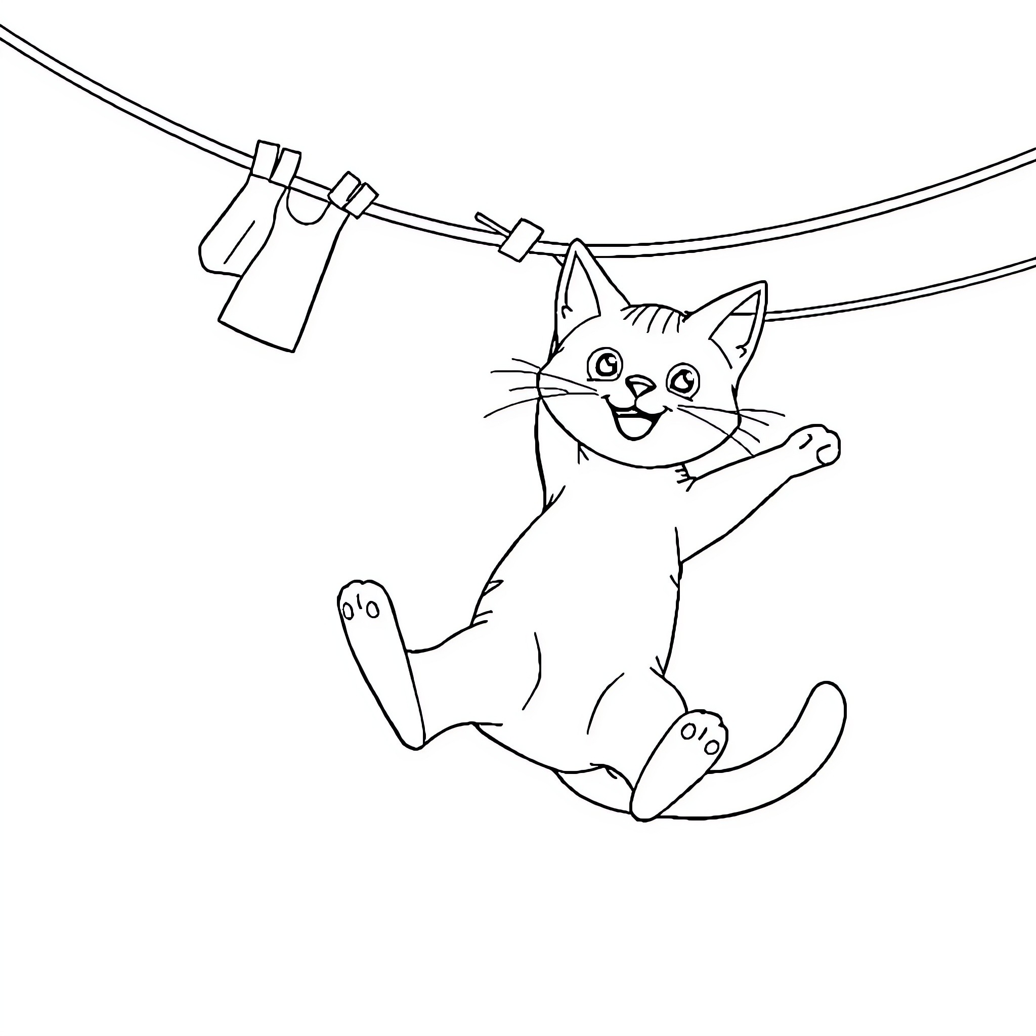 Cat hanging playfully on clothesline Coloring Page (free black-and-white line drawing printable PDF for all, from beginners to advanced learners, including children, teens, adults, and seniors)