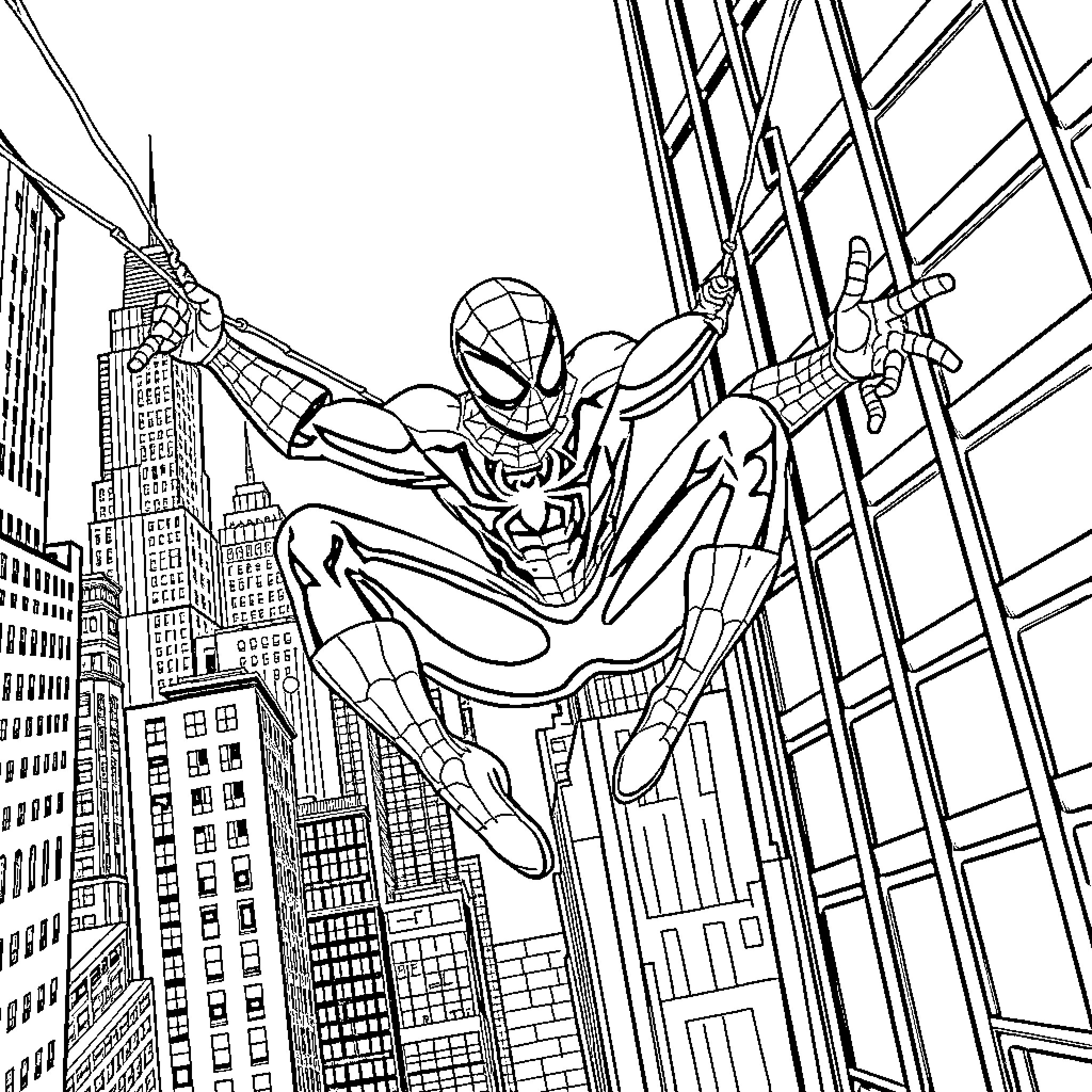 Spiderman swinging through the city skyline Coloring Page (free black-and-white line drawing printable PDF for all, from beginners to advanced learners, including children, teens, adults, and seniors)
