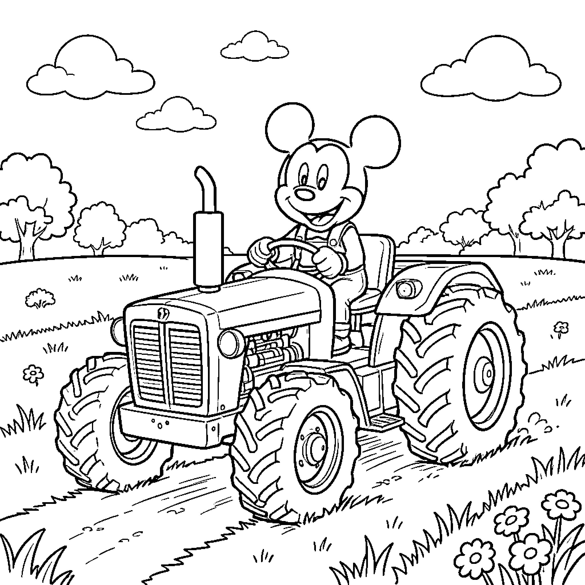 Mickey driving a tractor through a grassy field Coloring Page (free black-and-white line drawing printable PDF for all, from beginners to advanced learners, including children, teens, adults, and seniors)