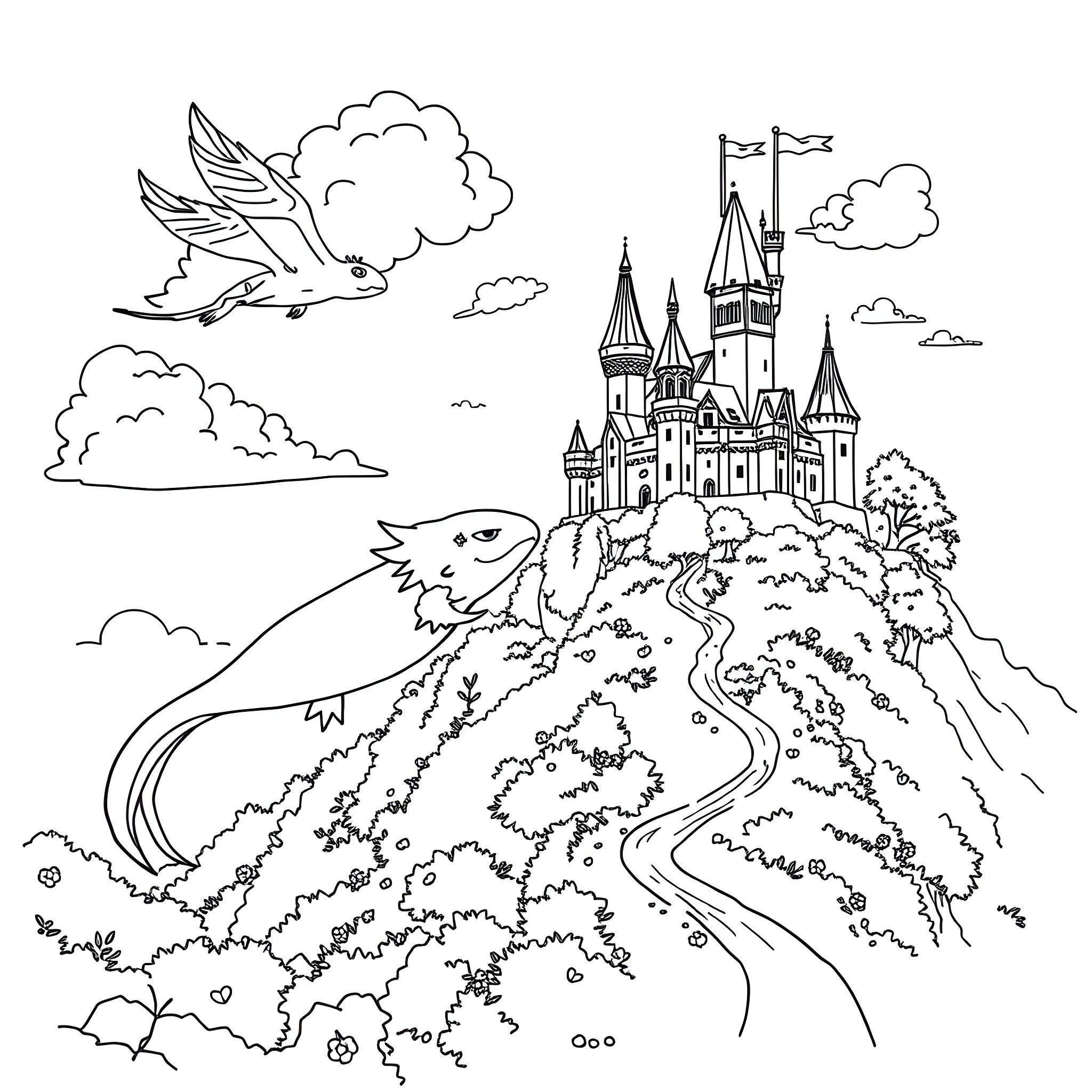 Axolotl journeying towards a magical castle Coloring Page (free black-and-white line drawing printable PDF for all, from beginners to advanced learners, including children, teens, adults, and seniors)