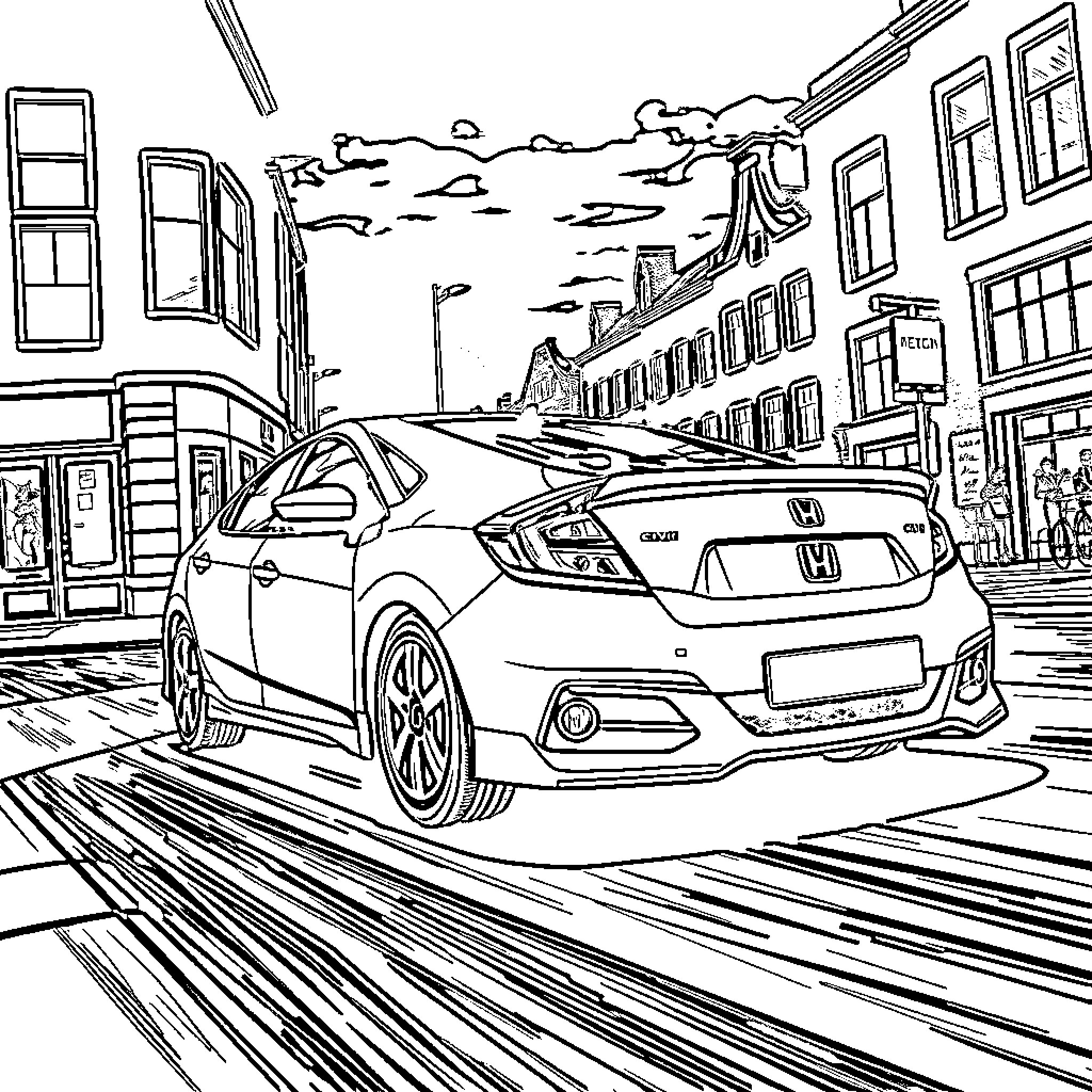 Honda Civic cruising through the city streets Coloring Page (free black-and-white line drawing printable PDF for all, from beginners to advanced learners, including children, teens, adults, and seniors)