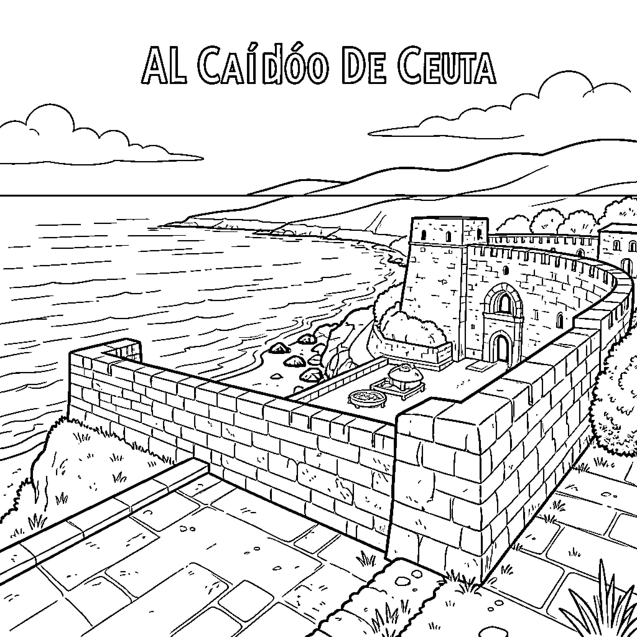 El Caído: Walled Fortress by the Sea Coloring Page (free black-and-white line drawing printable PDF for all, from beginners to advanced learners, including children, teens, adults, and seniors)