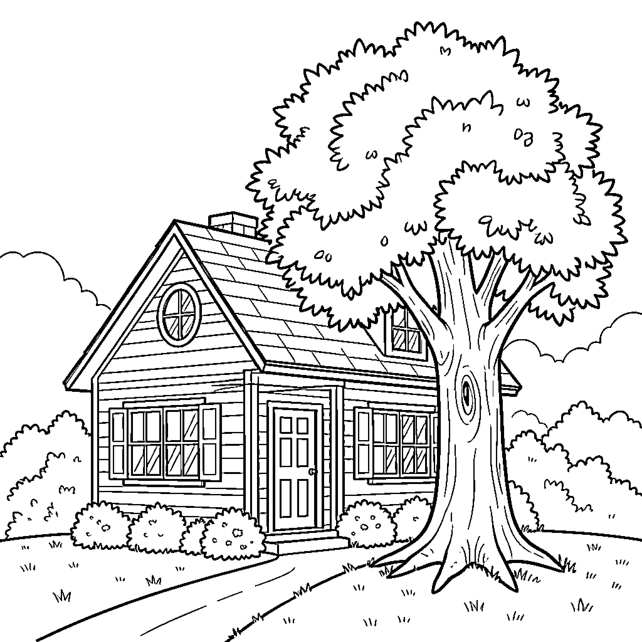 House with large tree in the backyard Coloring Page (free black-and-white line drawing printable PDF for all, from beginners to advanced learners, including children, teens, adults, and seniors)