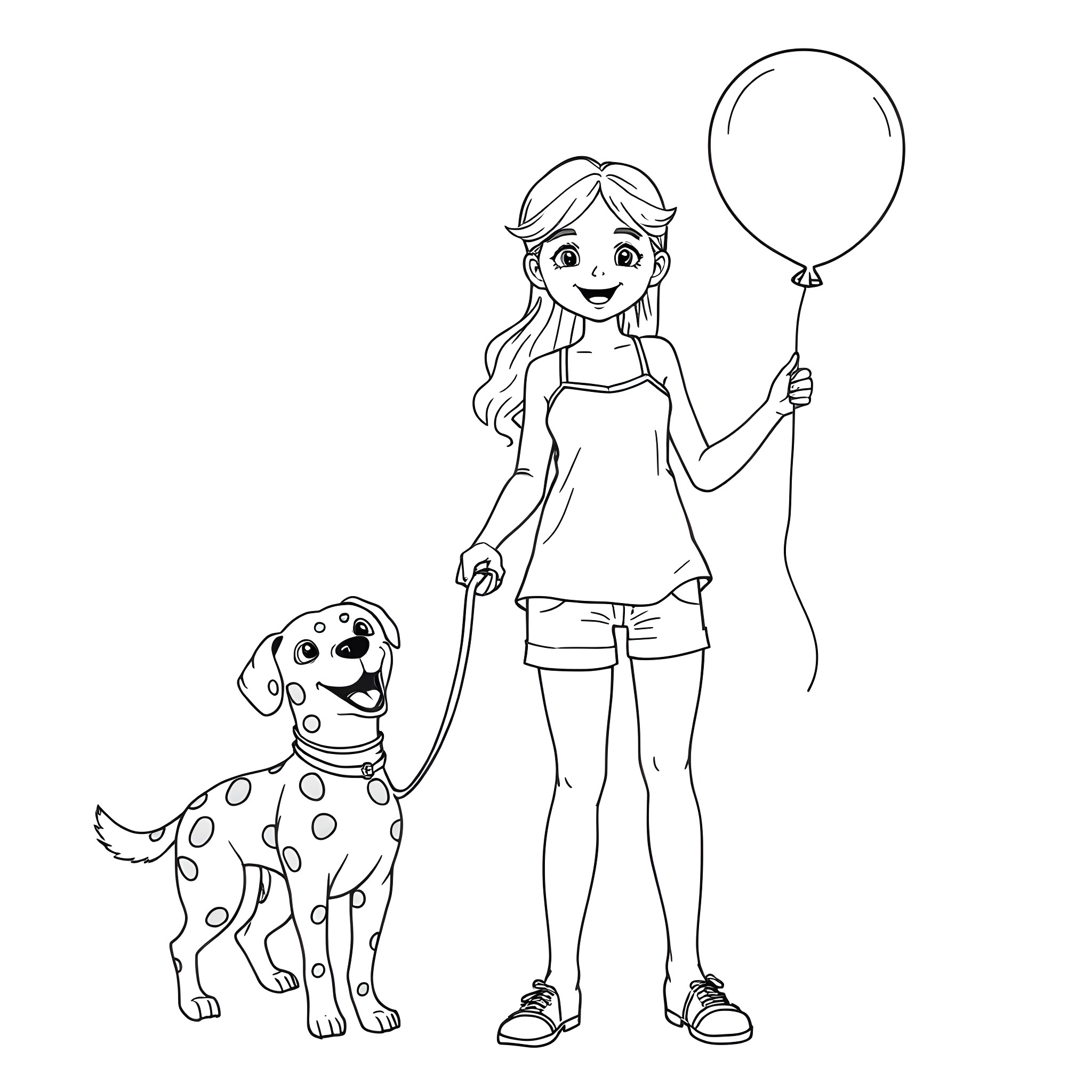 Girl with dog walking and holding balloon Coloring Page (free black-and-white line drawing printable PDF for all, from beginners to advanced learners, including children, teens, adults, and seniors)