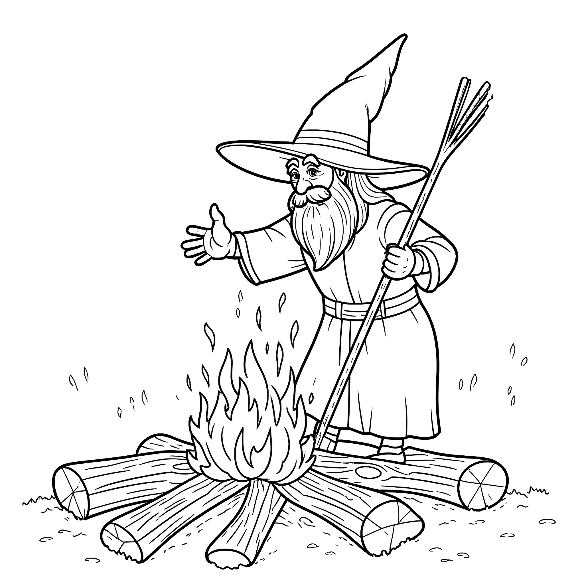 Wizard casting a spell by the campfire Coloring Page (free black-and-white line drawing printable PDF for all, from beginners to advanced learners, including children, teens, adults, and seniors)