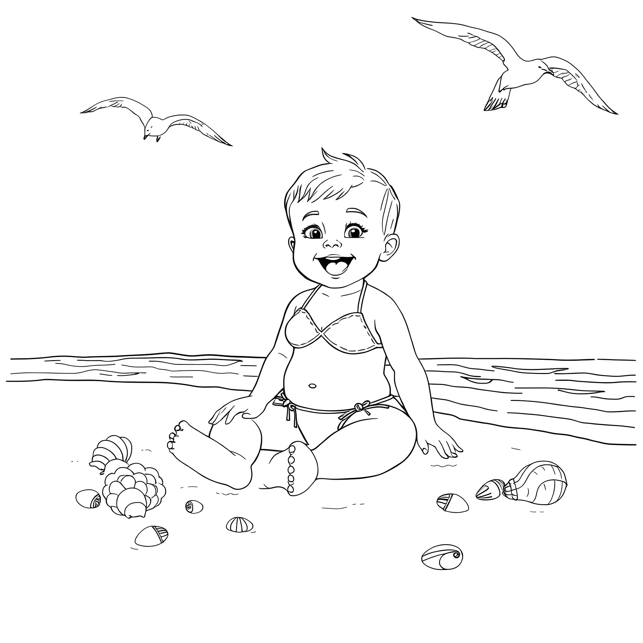Baby playing joyfully on the beach Coloring Page (free black-and-white line drawing printable PDF for all, from beginners to advanced learners, including children, teens, adults, and seniors)