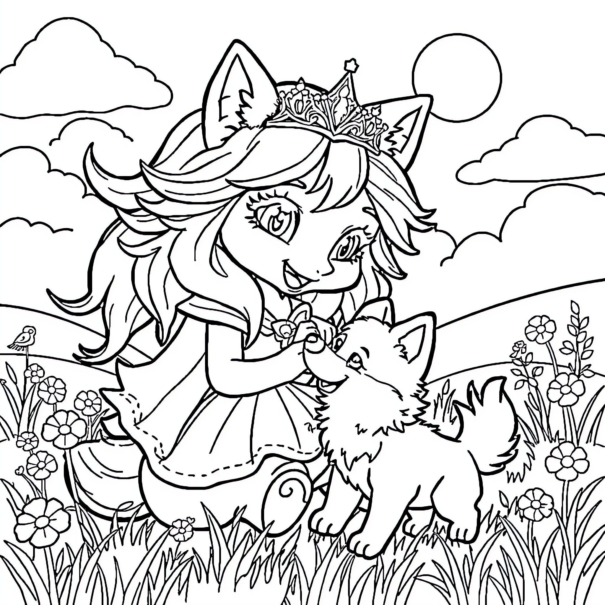 Wolf Princess and her Loyal Companion Coloring Page (free black-and-white line drawing printable PDF for all, from beginners to advanced learners, including children, teens, adults, and seniors)