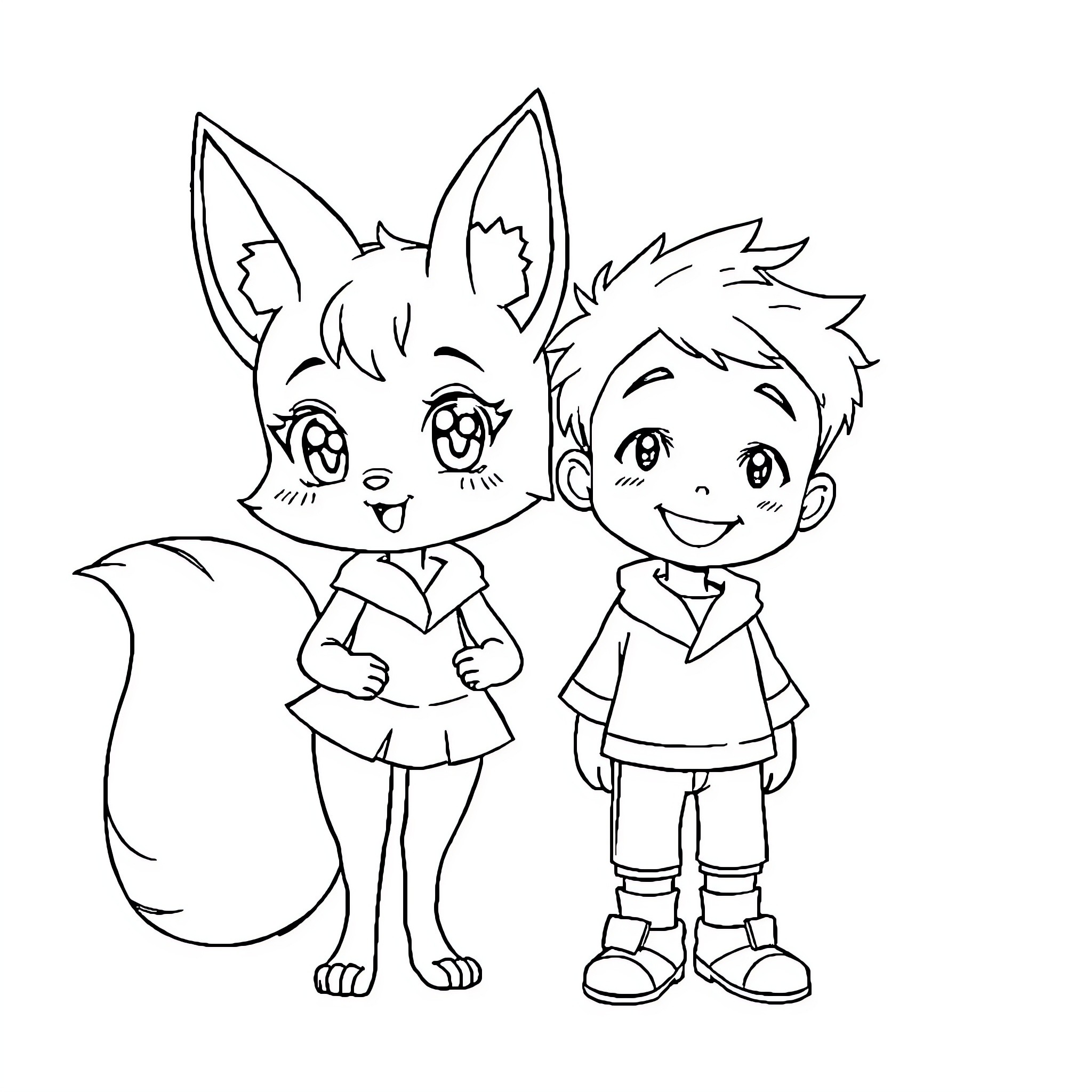 Anime Fox Spirits Happily Together Coloring Page (free black-and-white line drawing printable PDF for all, from beginners to advanced learners, including children, teens, adults, and seniors)
