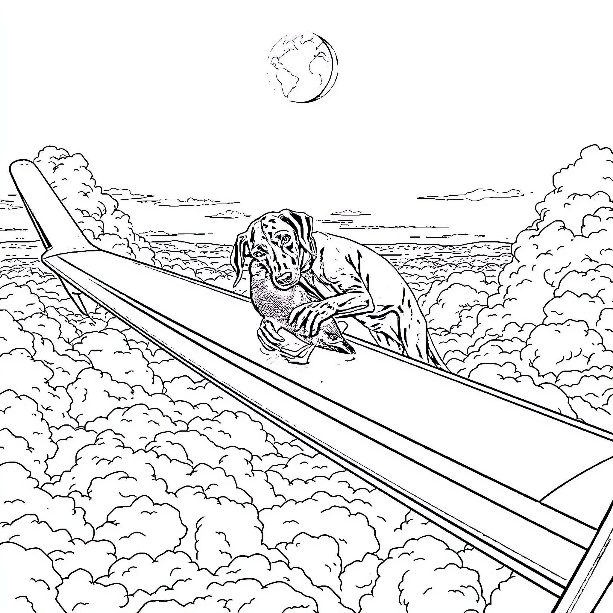 Weimaraner soaring through clouds in plane Coloring Page (free black-and-white line drawing printable PDF for all, from beginners to advanced learners, including children, teens, adults, and seniors)
