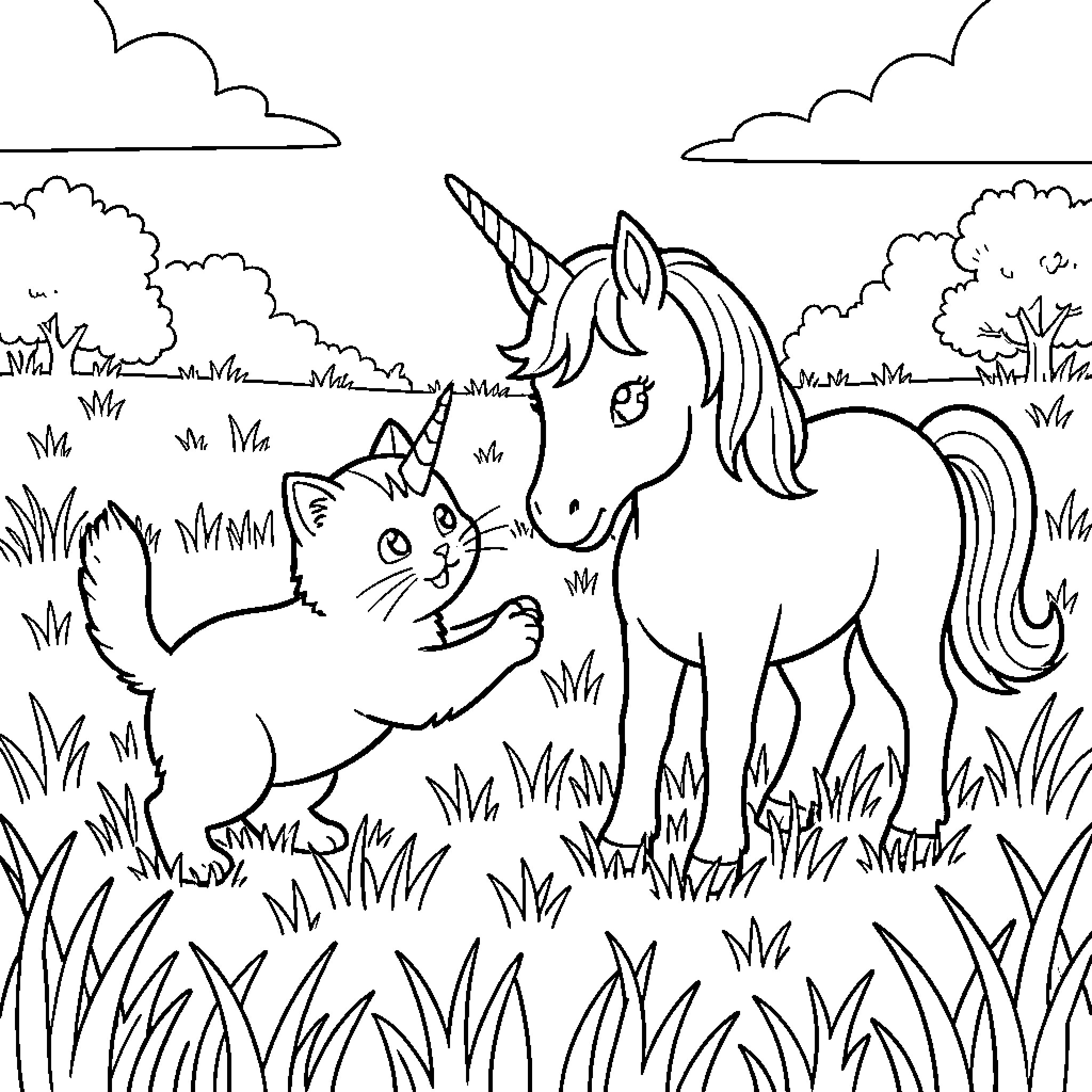 Kitten and Baby Unicorn interacting playfully in a meadow Coloring Page (free black-and-white line drawing printable PDF for all, from beginners to advanced learners, including children, teens, adults, and seniors)