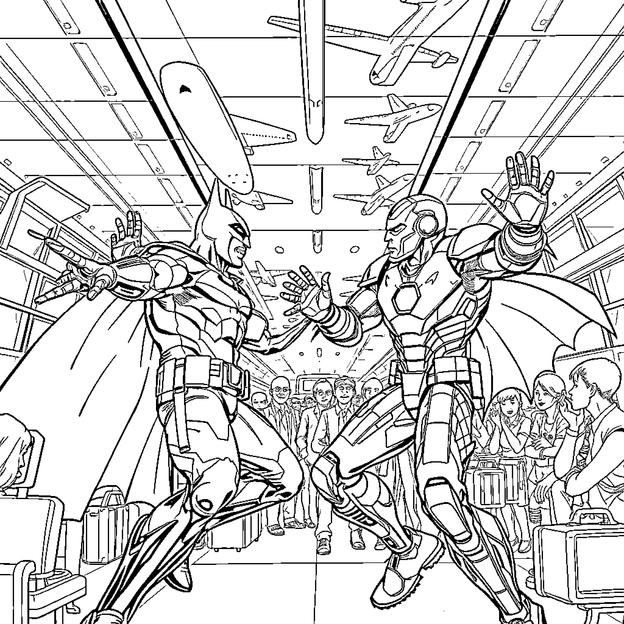 Batman clashes with Iron Man in a futuristic cityscape Coloring Page (free black-and-white line drawing printable PDF for all, from beginners to advanced learners, including children, teens, adults, and seniors)