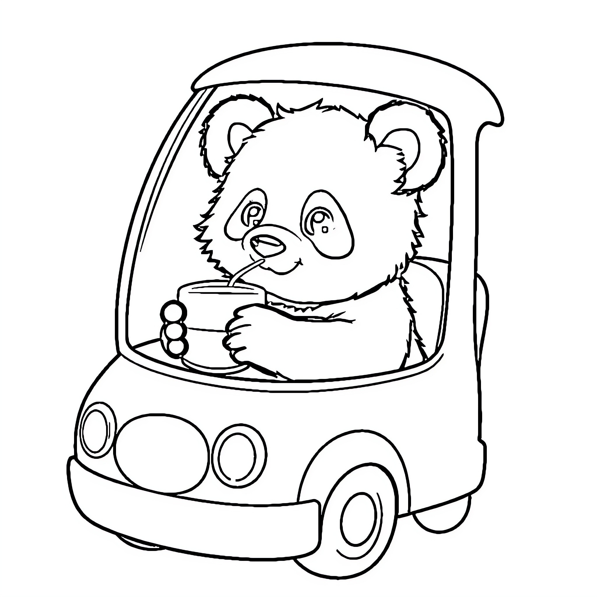 Panda driving a cute car Coloring Page (free black-and-white line drawing printable PDF for all, from beginners to advanced learners, including children, teens, adults, and seniors)