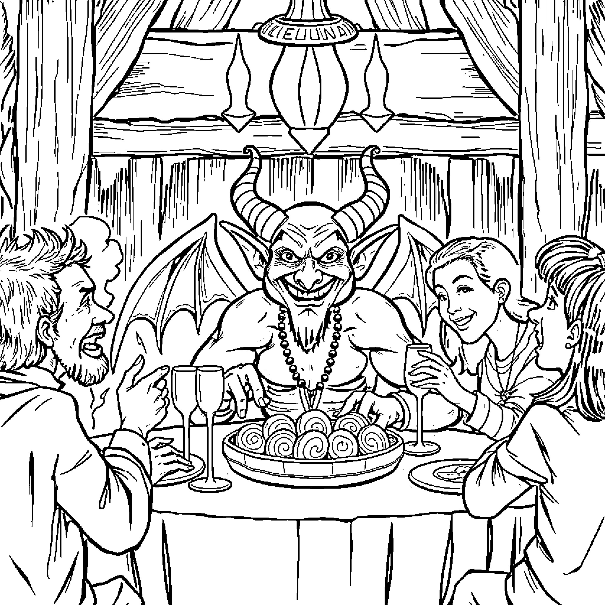 Devil hosting a fancy dinner party Coloring Page (free black-and-white line drawing printable PDF for all, from beginners to advanced learners, including children, teens, adults, and seniors)