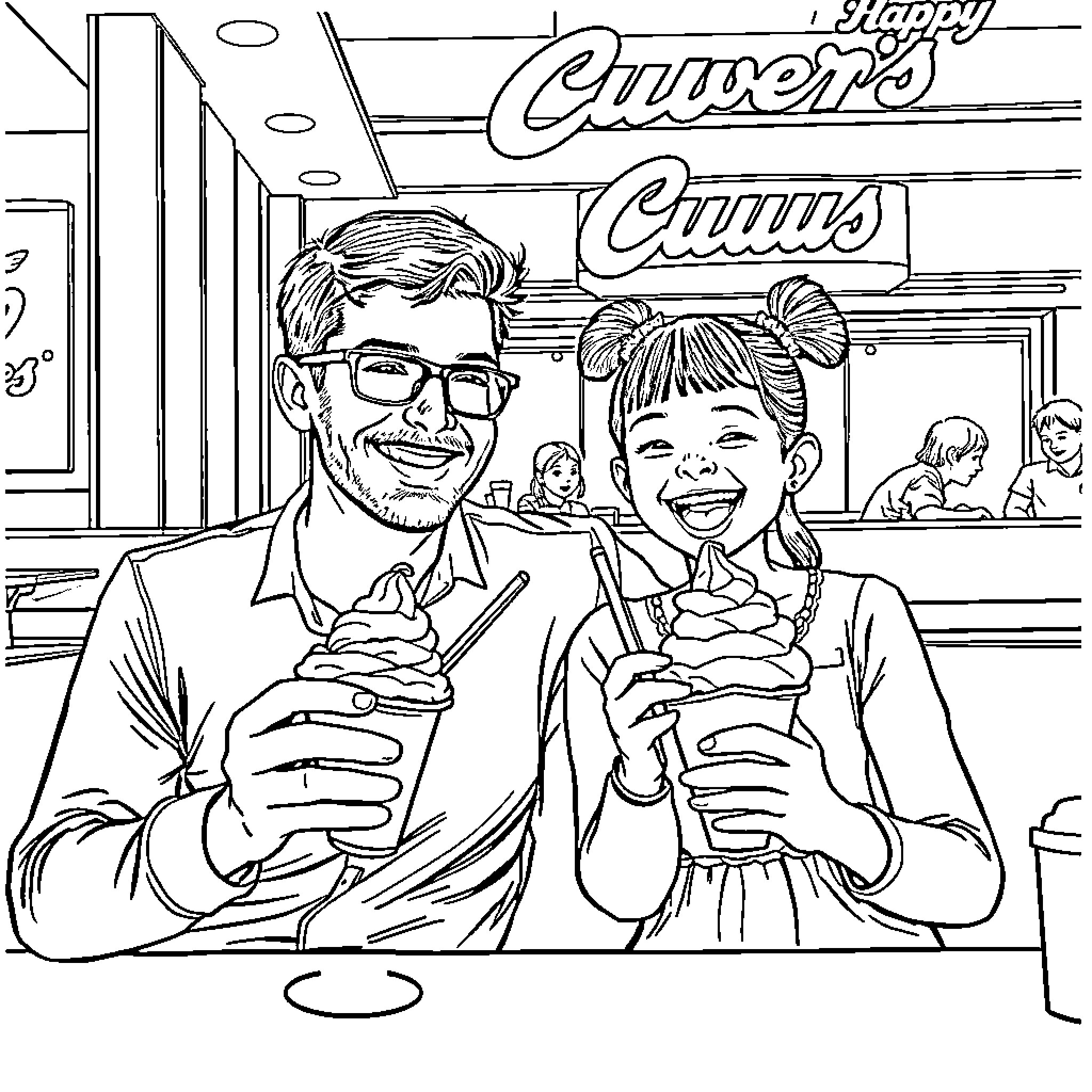 Man and girl enjoying ice cream at diner Coloring Page (free black-and-white line drawing printable PDF for all, from beginners to advanced learners, including children, teens, adults, and seniors)