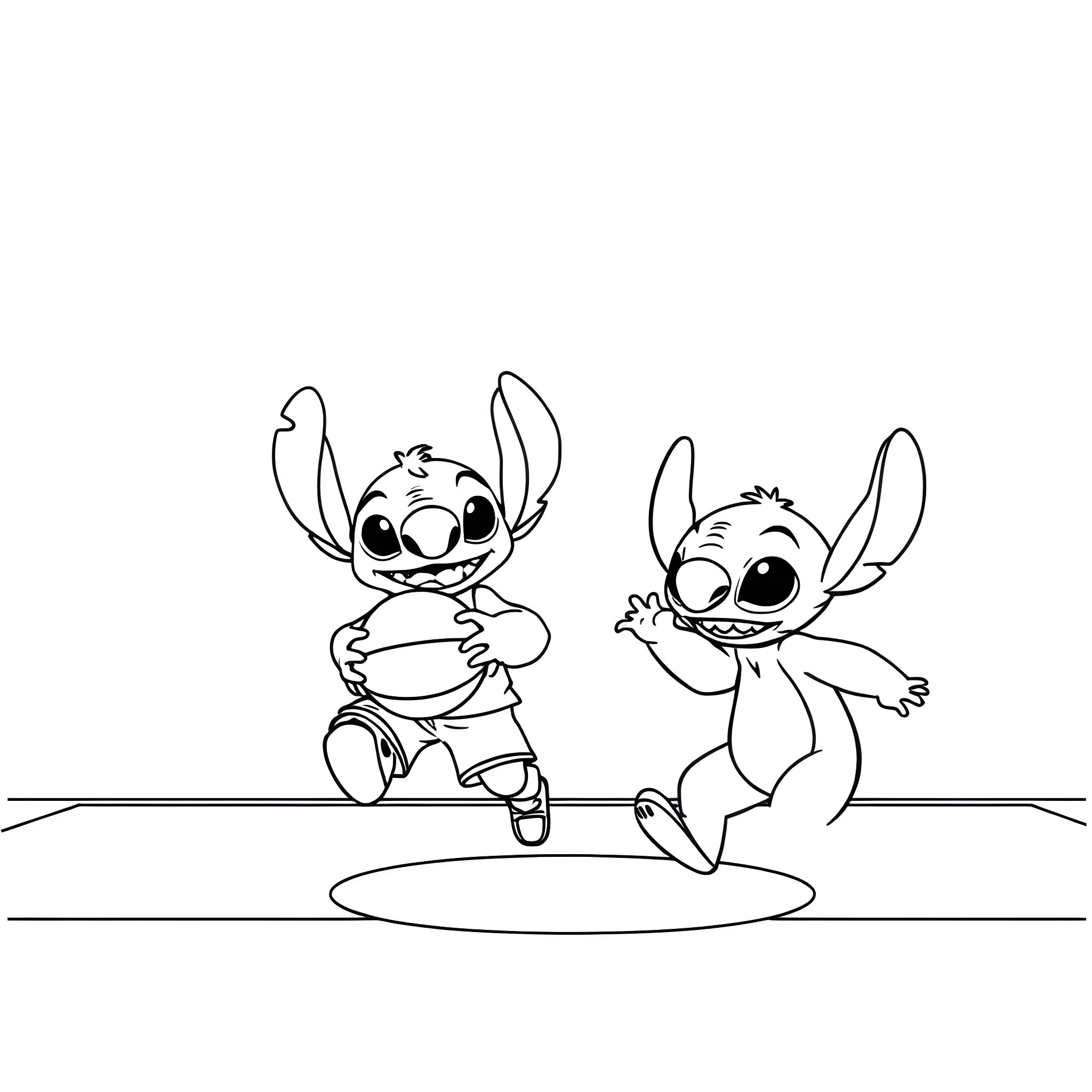 Sulley and Stitch having fun together Coloring Page (free black-and-white line drawing printable PDF for all, from beginners to advanced learners, including children, teens, adults, and seniors)