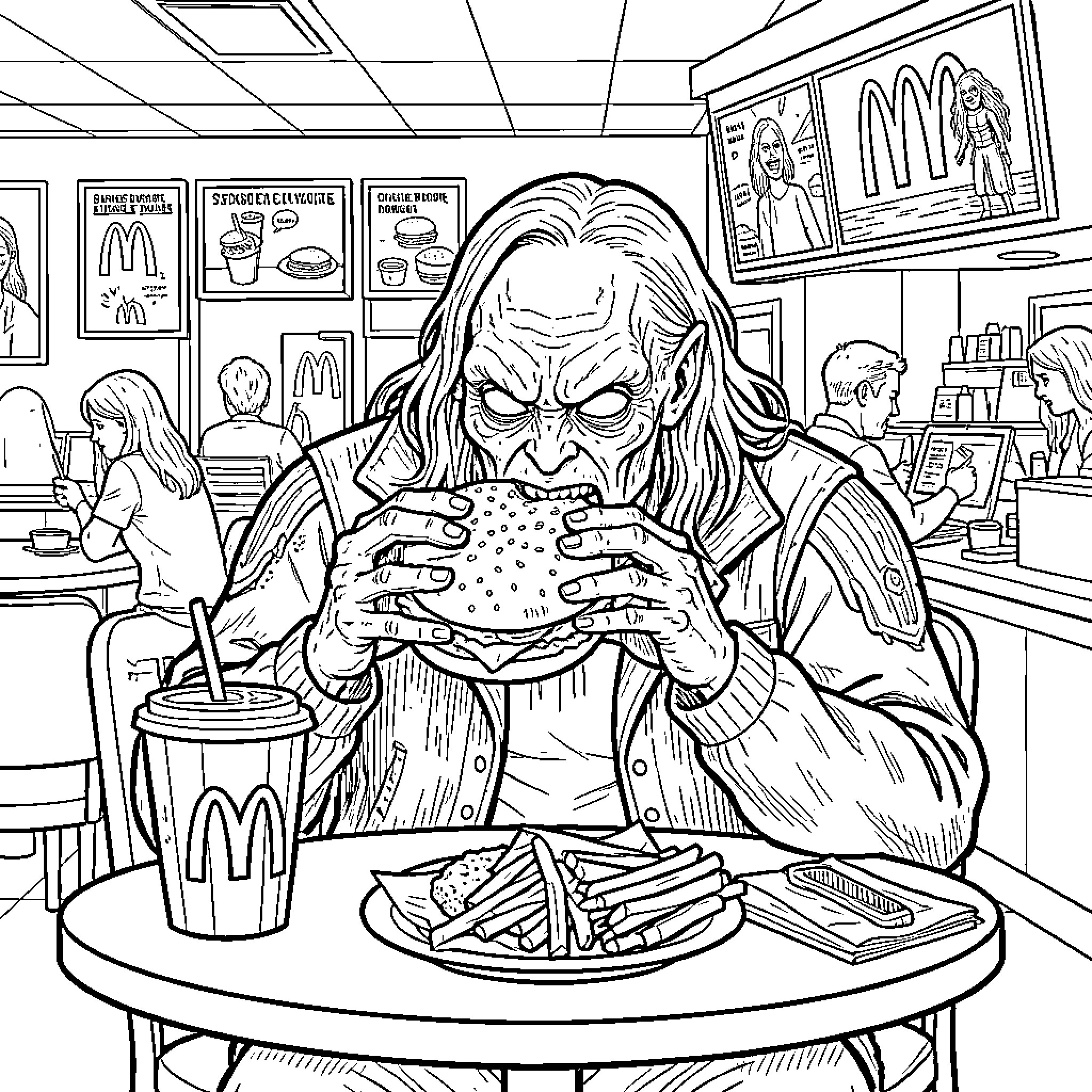 Demogorgon eating a large hamburger at a fast food restaurant Coloring Page (free black-and-white line drawing printable PDF for all, from beginners to advanced learners, including children, teens, adults, and seniors)