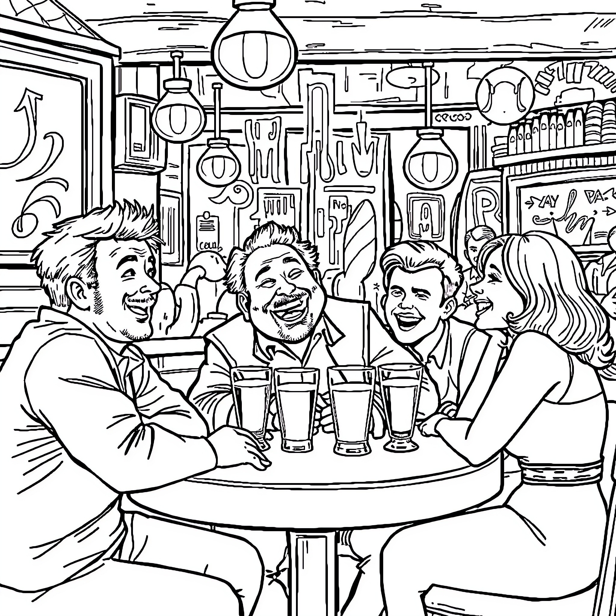 Danny DeVito enjoying drinks with friends in a lively bar Coloring Page (free black-and-white line drawing printable PDF for all, from beginners to advanced learners, including children, teens, adults, and seniors)