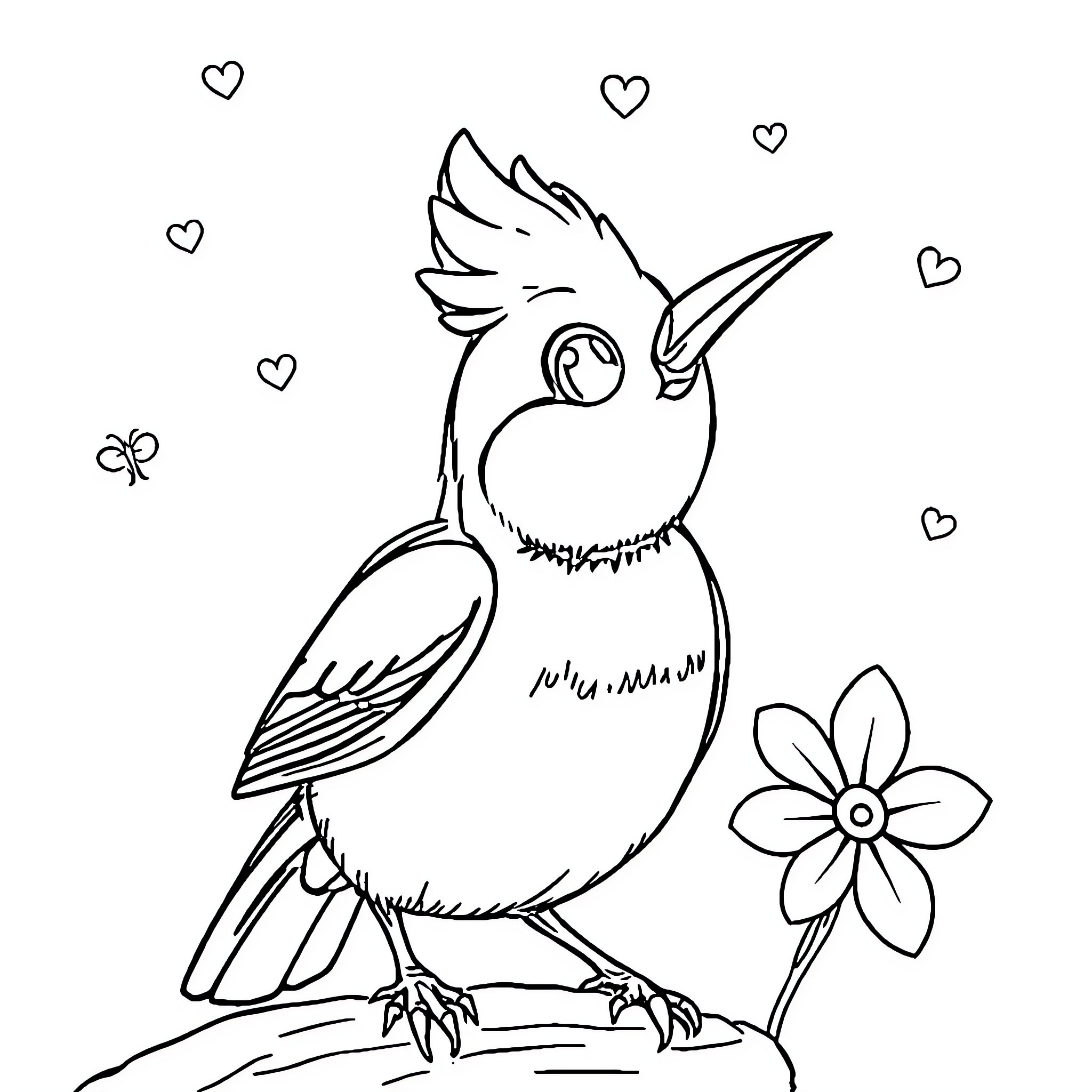 Stella the Cheerful Bird with Flower Coloring Page (free black-and-white line drawing printable PDF for all, from beginners to advanced learners, including children, teens, adults, and seniors)
