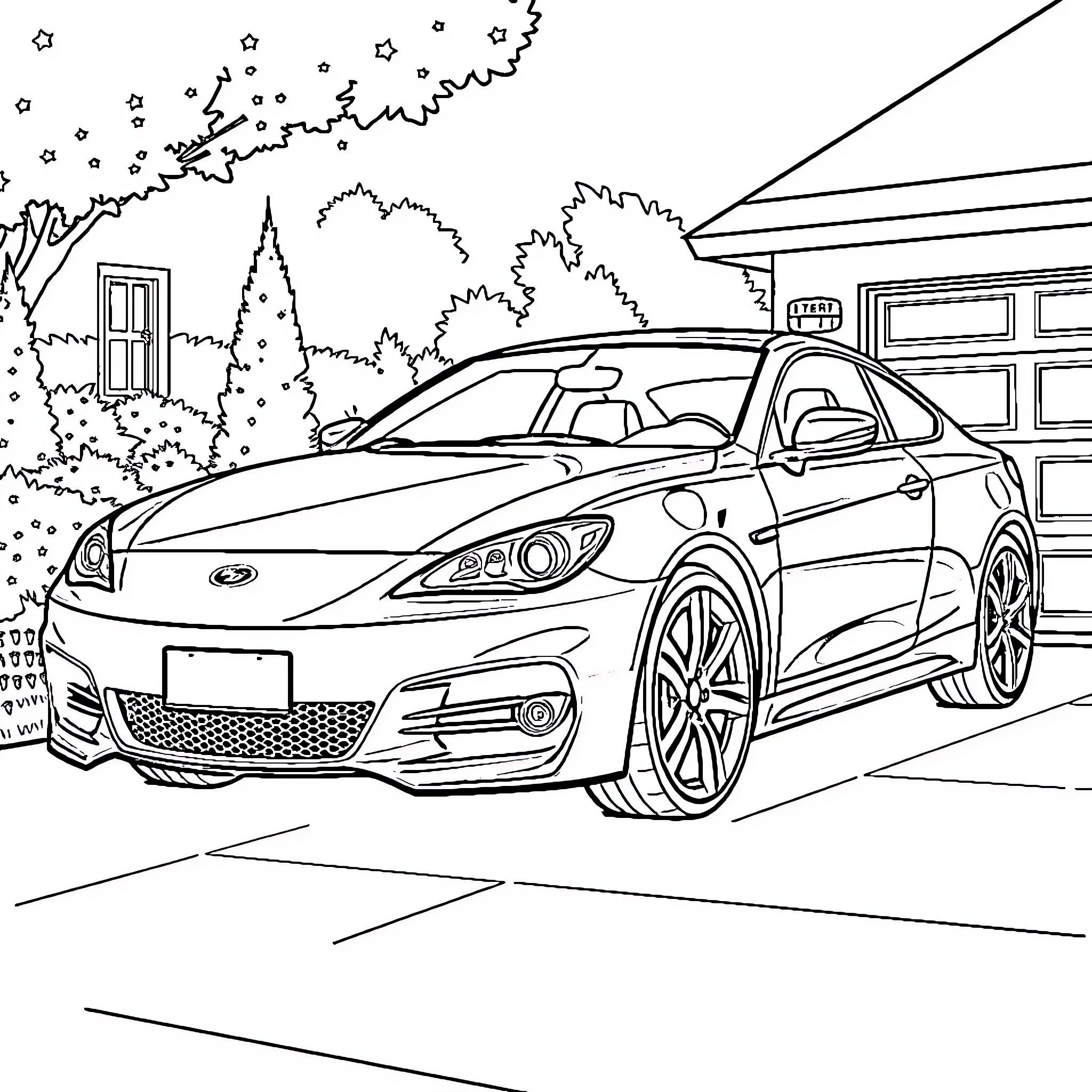 Car parked in scenic night landscape Coloring Page (free black-and-white line drawing printable PDF for all, from beginners to advanced learners, including children, teens, adults, and seniors)