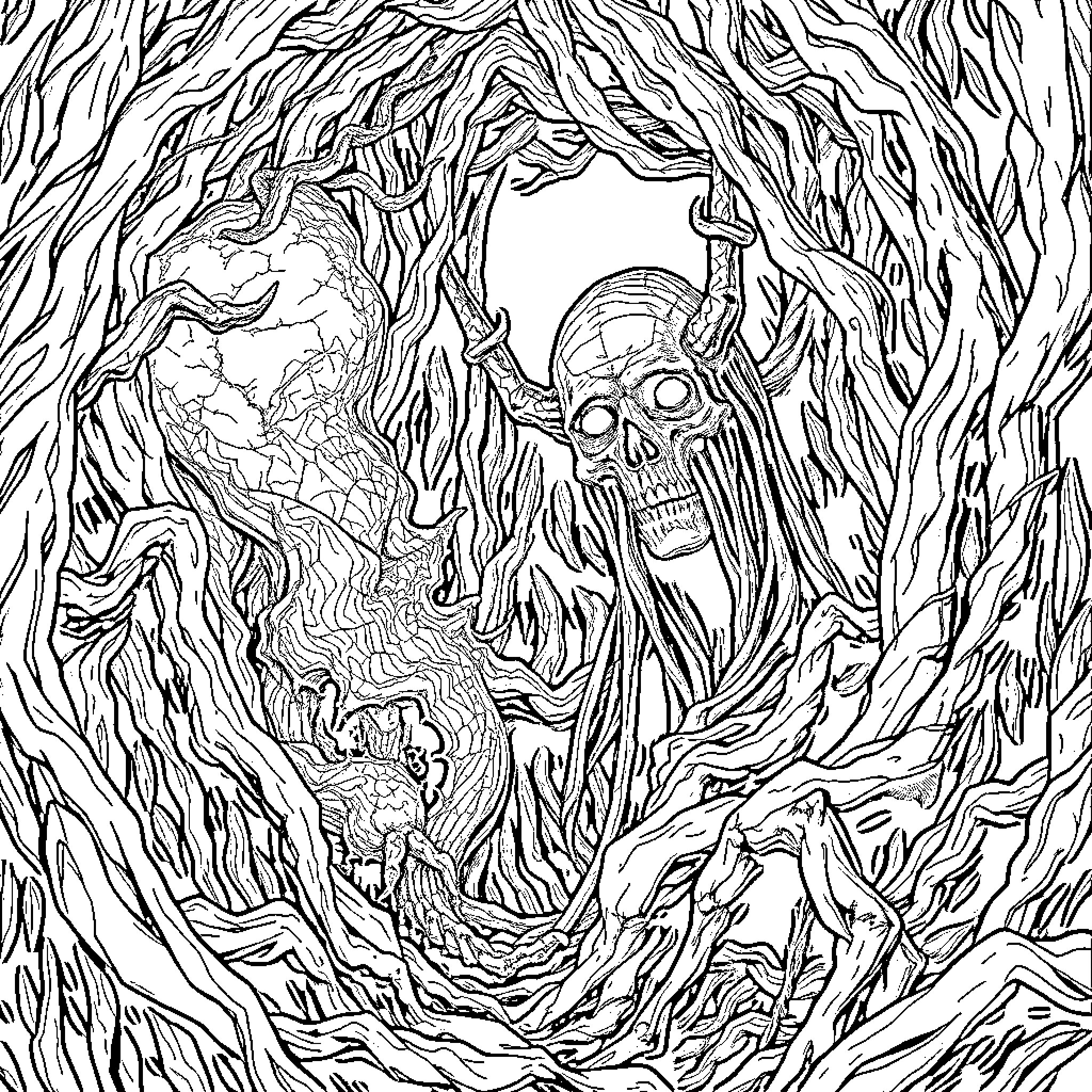 Lovecraft's Twisted Haunted Forest Coloring Page (free black-and-white line drawing printable PDF for all, from beginners to advanced learners, including children, teens, adults, and seniors)