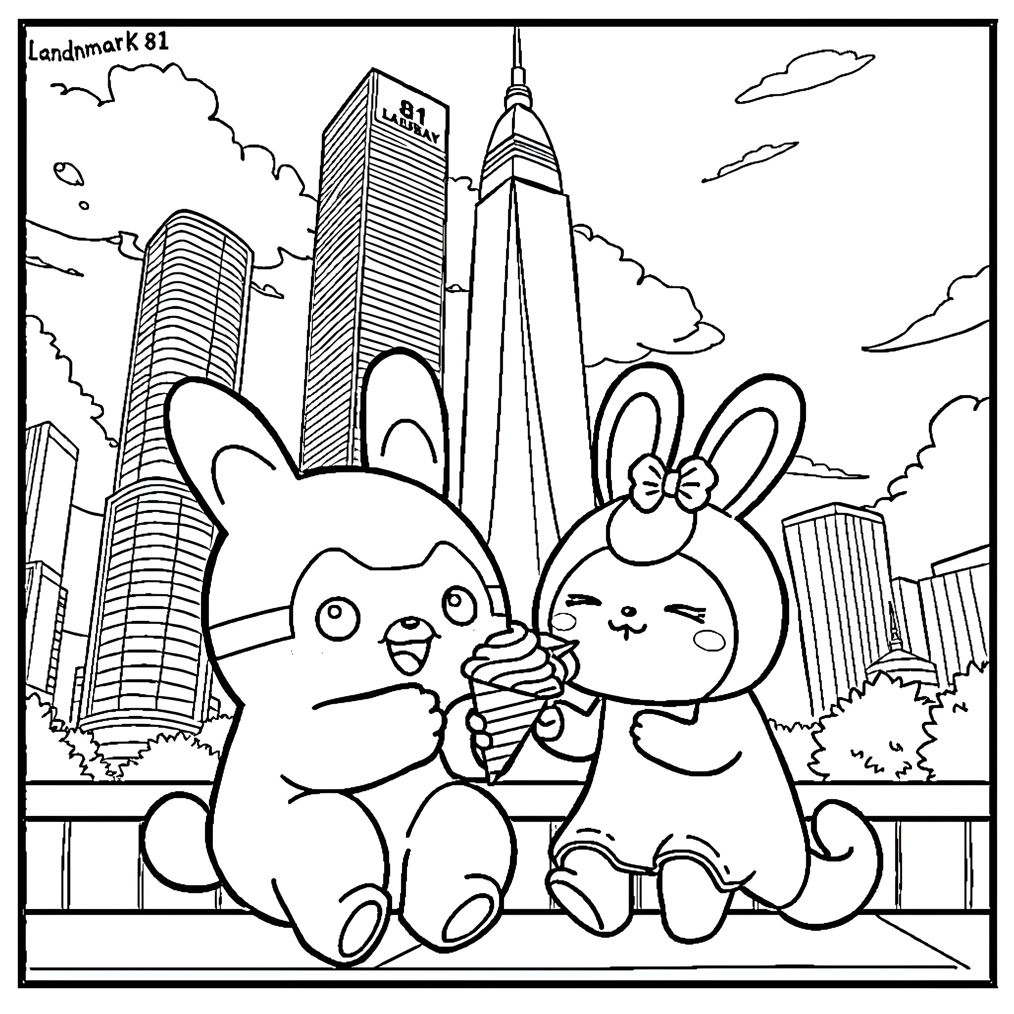 Labuba's Cityscape Adventure Coloring Page (free black-and-white line drawing printable PDF for all, from beginners to advanced learners, including children, teens, adults, and seniors)