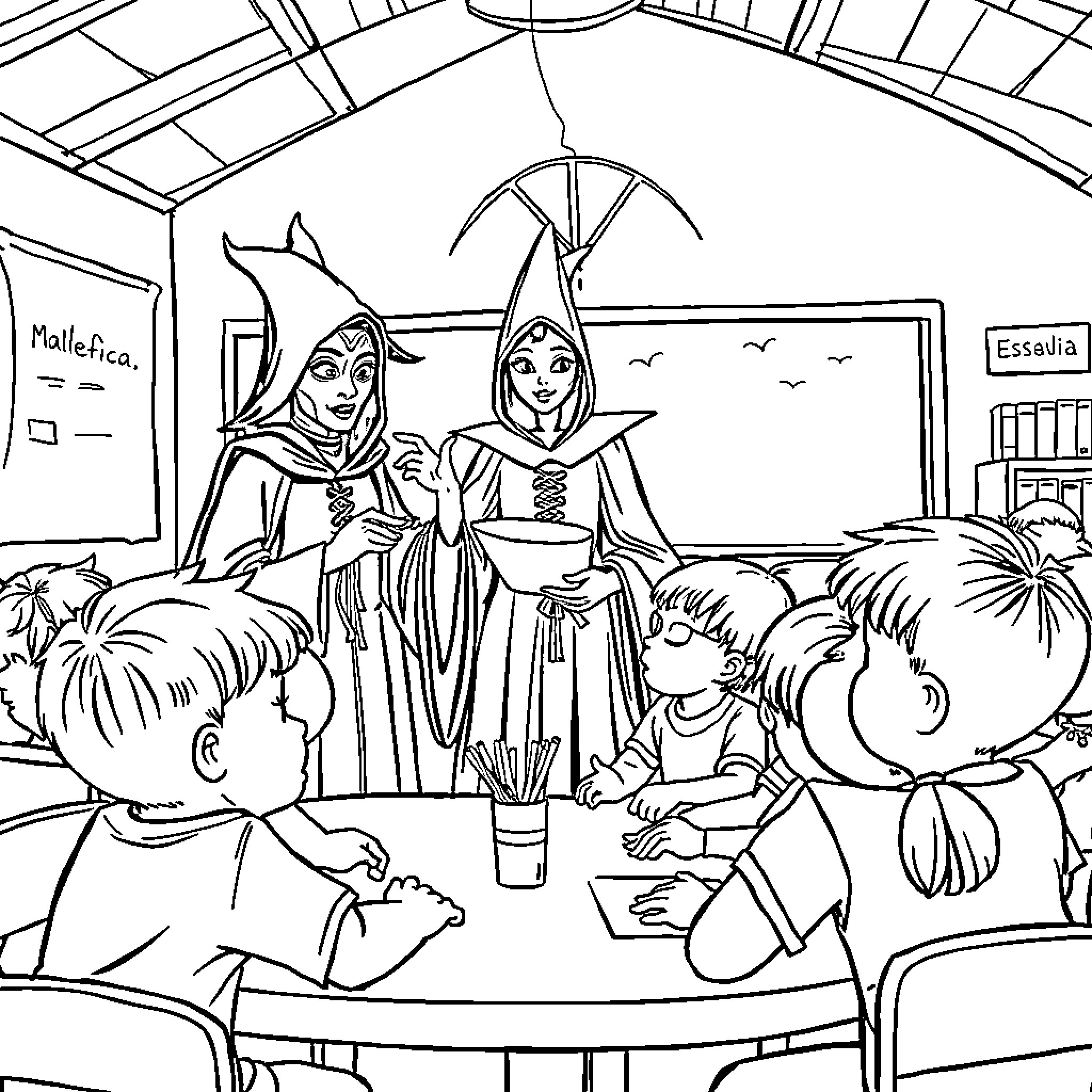 Maleficent's Magical Classroom Adventure Coloring Page (free black-and-white line drawing printable PDF for all, from beginners to advanced learners, including children, teens, adults, and seniors)
