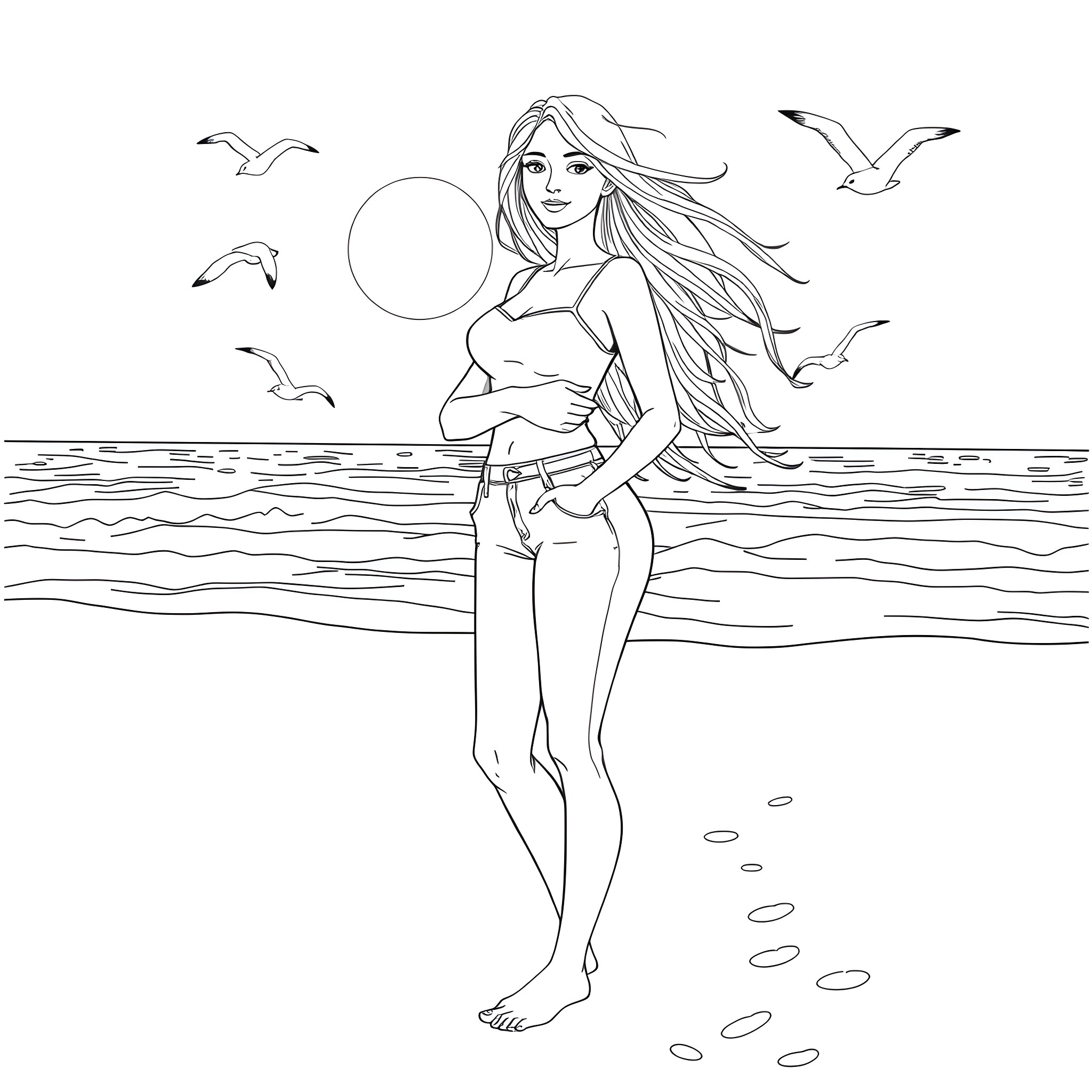 Girl walking on the beach in swimsuit with seagulls Coloring Page (free black-and-white line drawing printable PDF for all, from beginners to advanced learners, including children, teens, adults, and seniors)