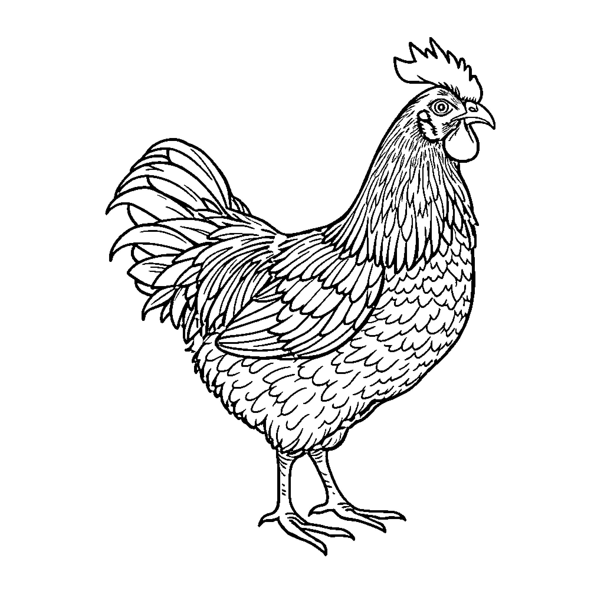 Chicken with detailed feathers in black and white Coloring Page (free black-and-white line drawing printable PDF for all, from beginners to advanced learners, including children, teens, adults, and seniors)