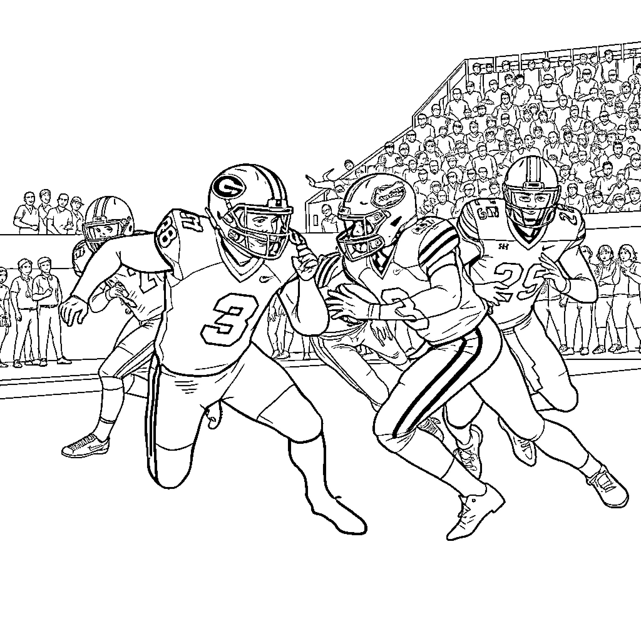 Bulldogs engaged in intense football game on field Coloring Page (free black-and-white line drawing printable PDF for all, from beginners to advanced learners, including children, teens, adults, and seniors)