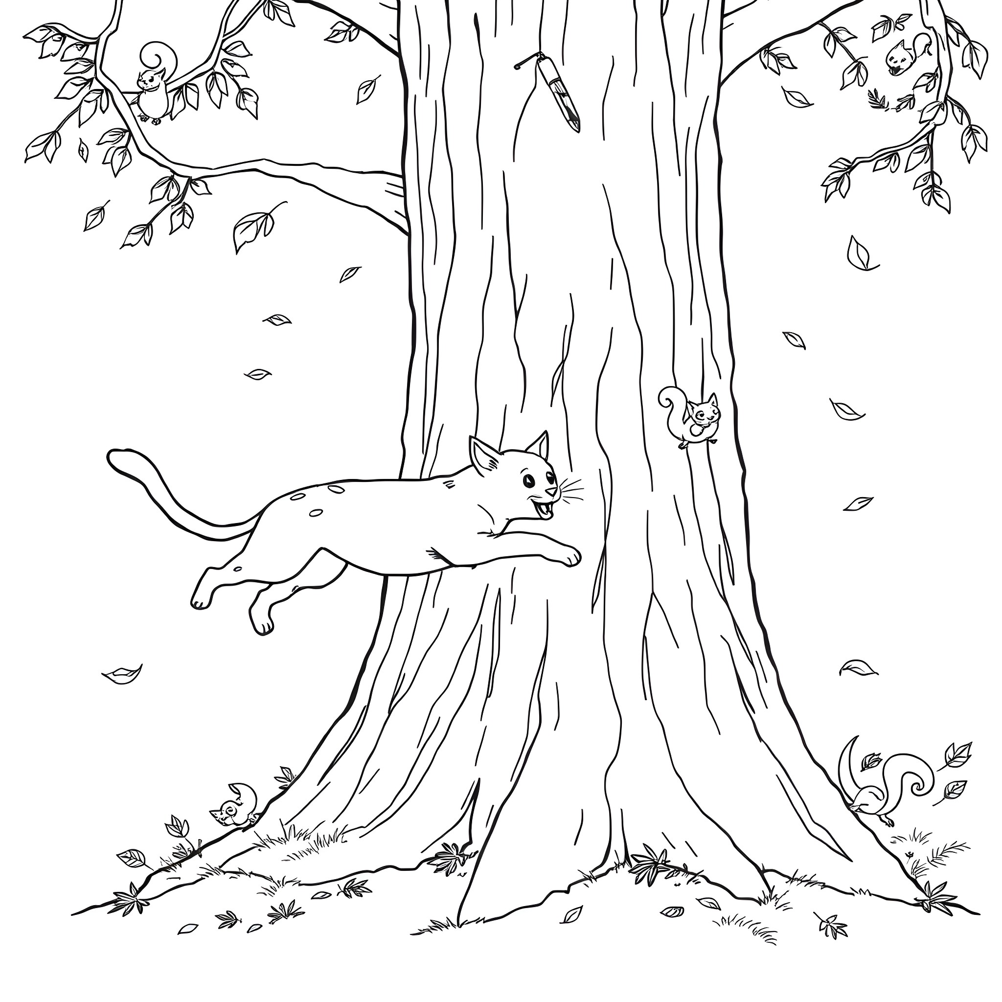 Cat climbing a tree in autumn forest Coloring Page (free black-and-white line drawing printable PDF for all, from beginners to advanced learners, including children, teens, adults, and seniors)