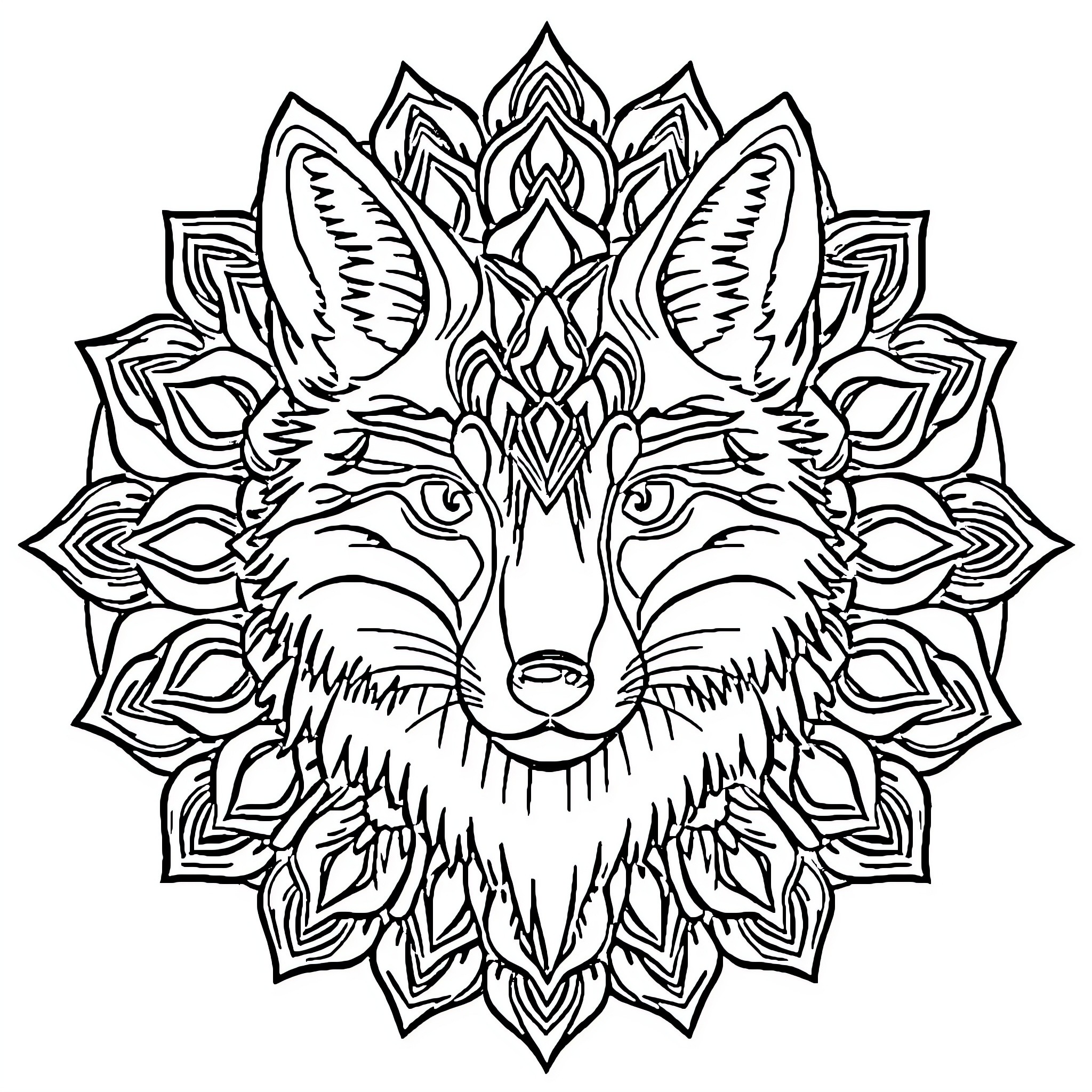 Fox with Intricate Mandala Design Coloring Page (free black-and-white line drawing printable PDF for all, from beginners to advanced learners, including children, teens, adults, and seniors)