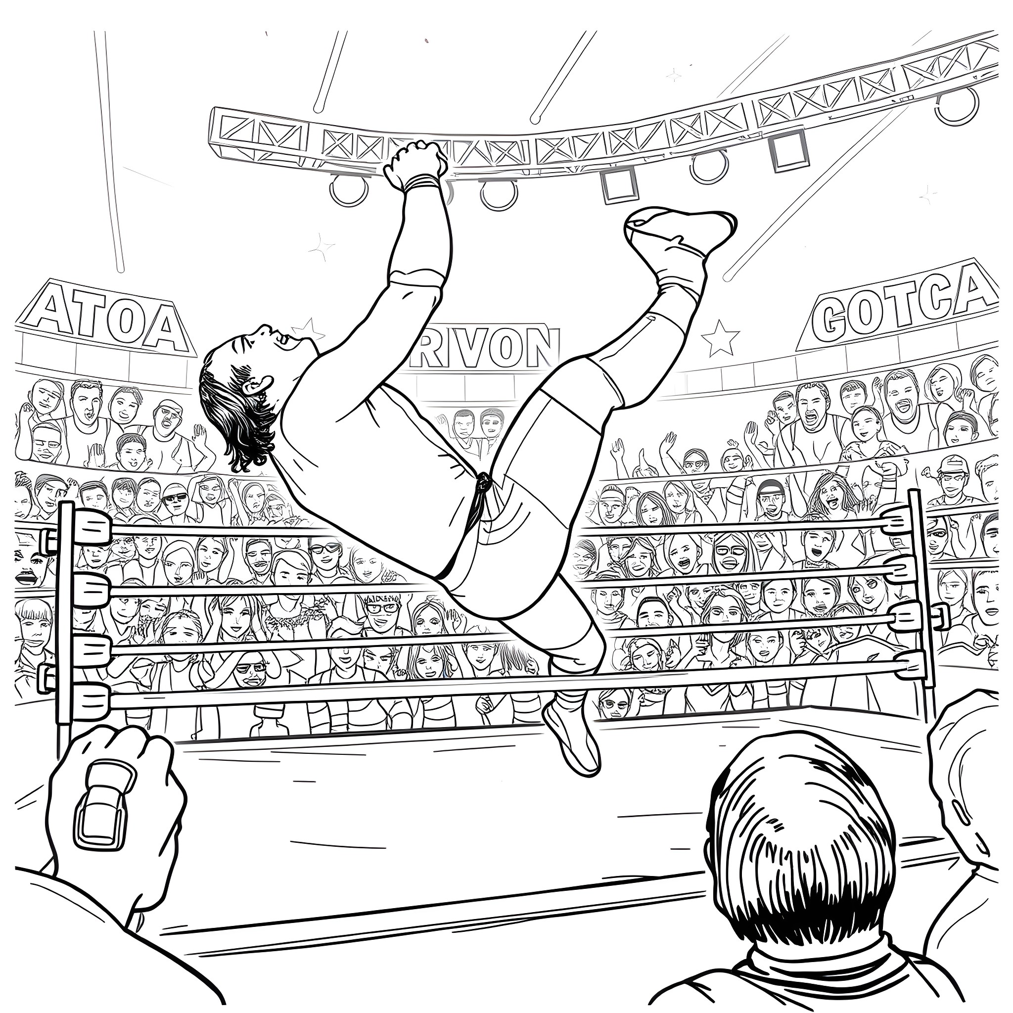 Rowan Atkinson performing acrobatic stunts in a wrestling ring Coloring Page (free black-and-white line drawing printable PDF for all, from beginners to advanced learners, including children, teens, adults, and seniors)