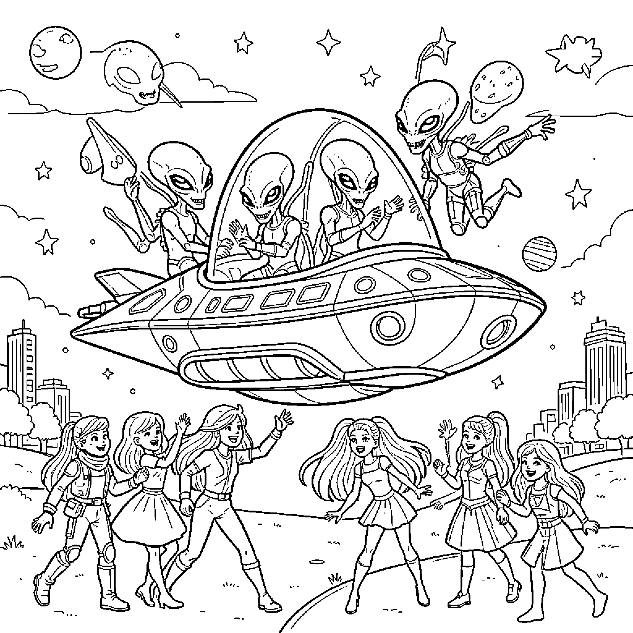 Alien friends explore the city in their flying saucer Coloring Page (free black-and-white line drawing printable PDF for all, from beginners to advanced learners, including children, teens, adults, and seniors)