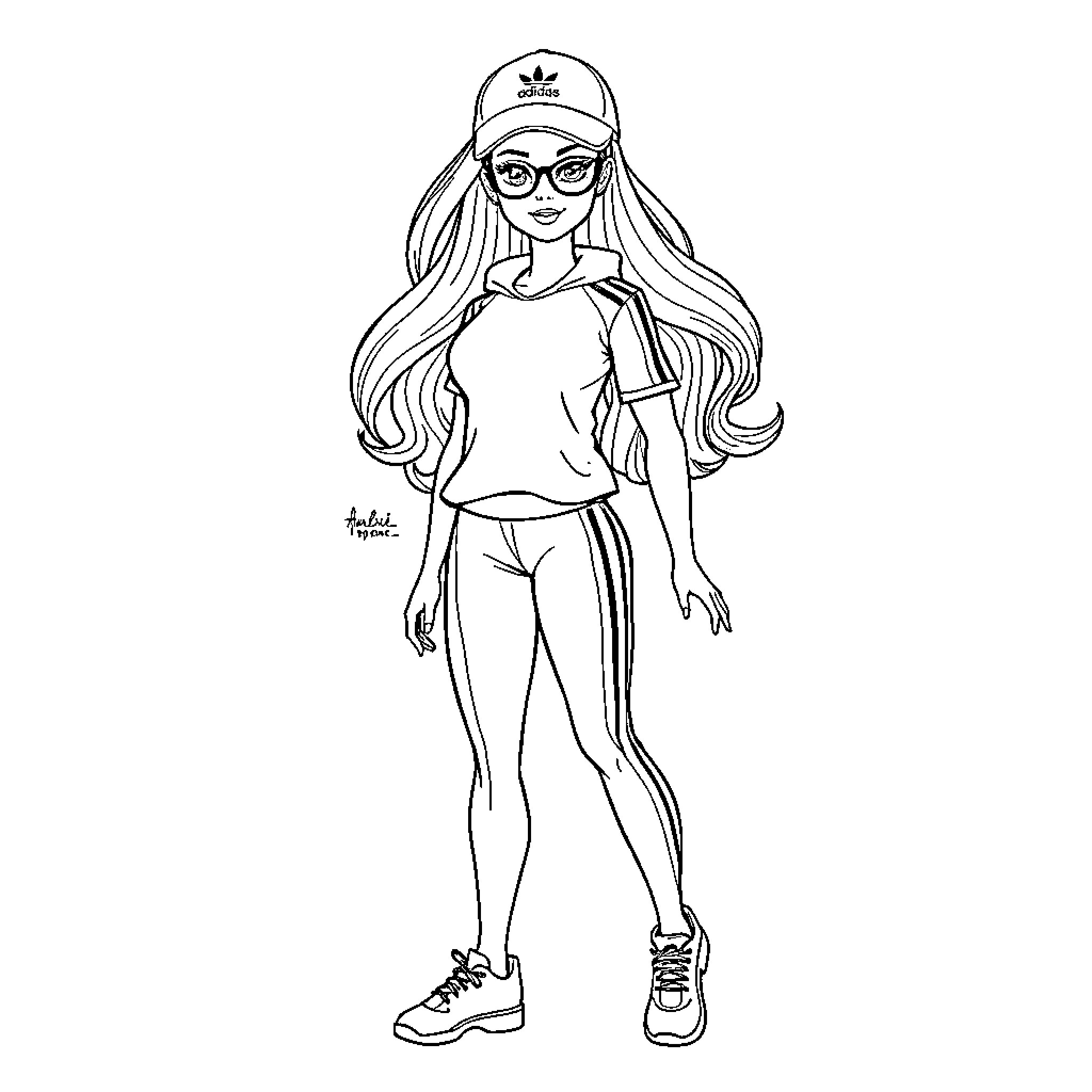Barbie in Casual Athleisure Outfit Coloring Page (free black-and-white line drawing printable PDF for all, from beginners to advanced learners, including children, teens, adults, and seniors)
