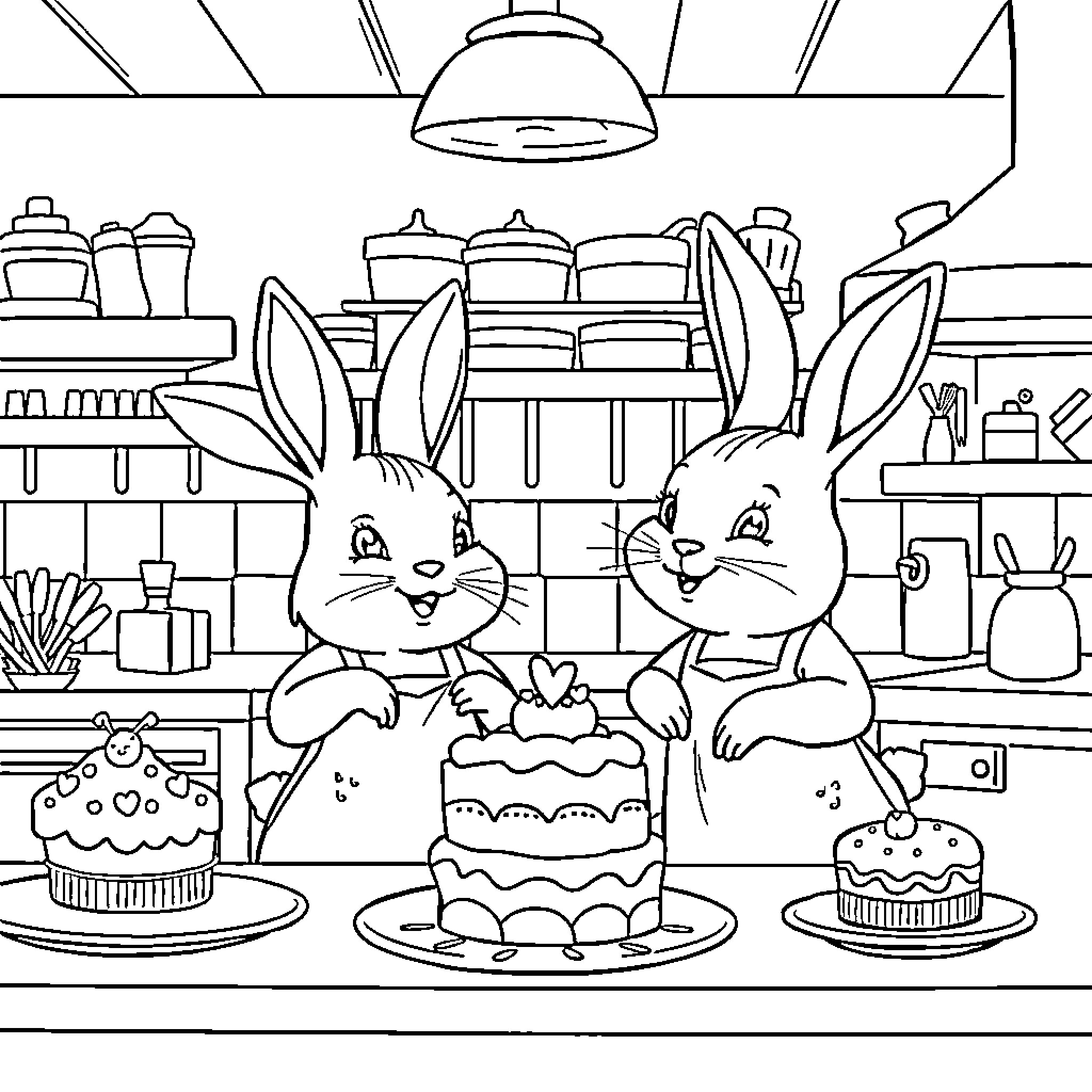 Rabbits Baking and Celebrating in the Kitchen Coloring Page (free black-and-white line drawing printable PDF for all, from beginners to advanced learners, including children, teens, adults, and seniors)