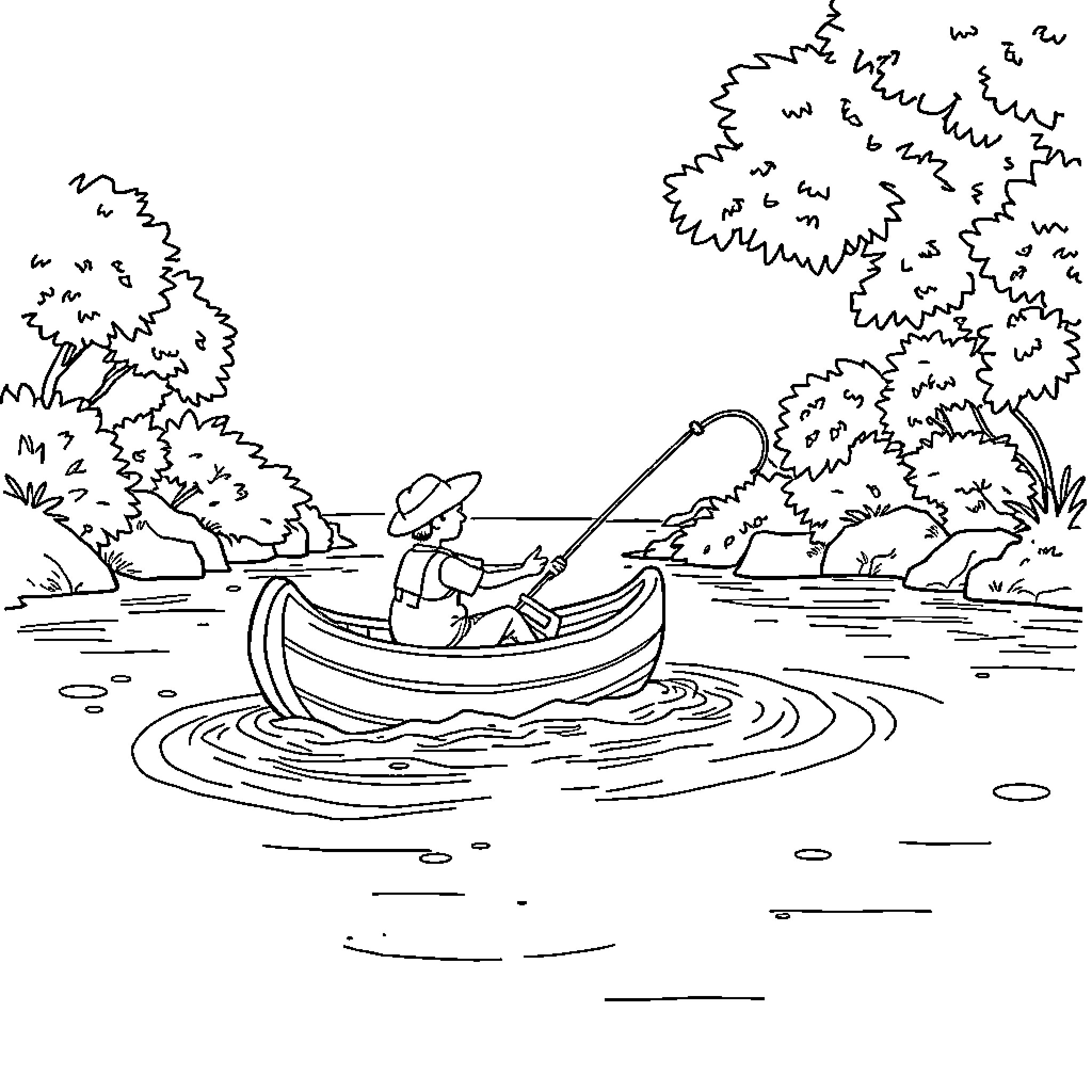 Fisherman relaxing in a peaceful boat on the water Coloring Page (free black-and-white line drawing printable PDF for all, from beginners to advanced learners, including children, teens, adults, and seniors)