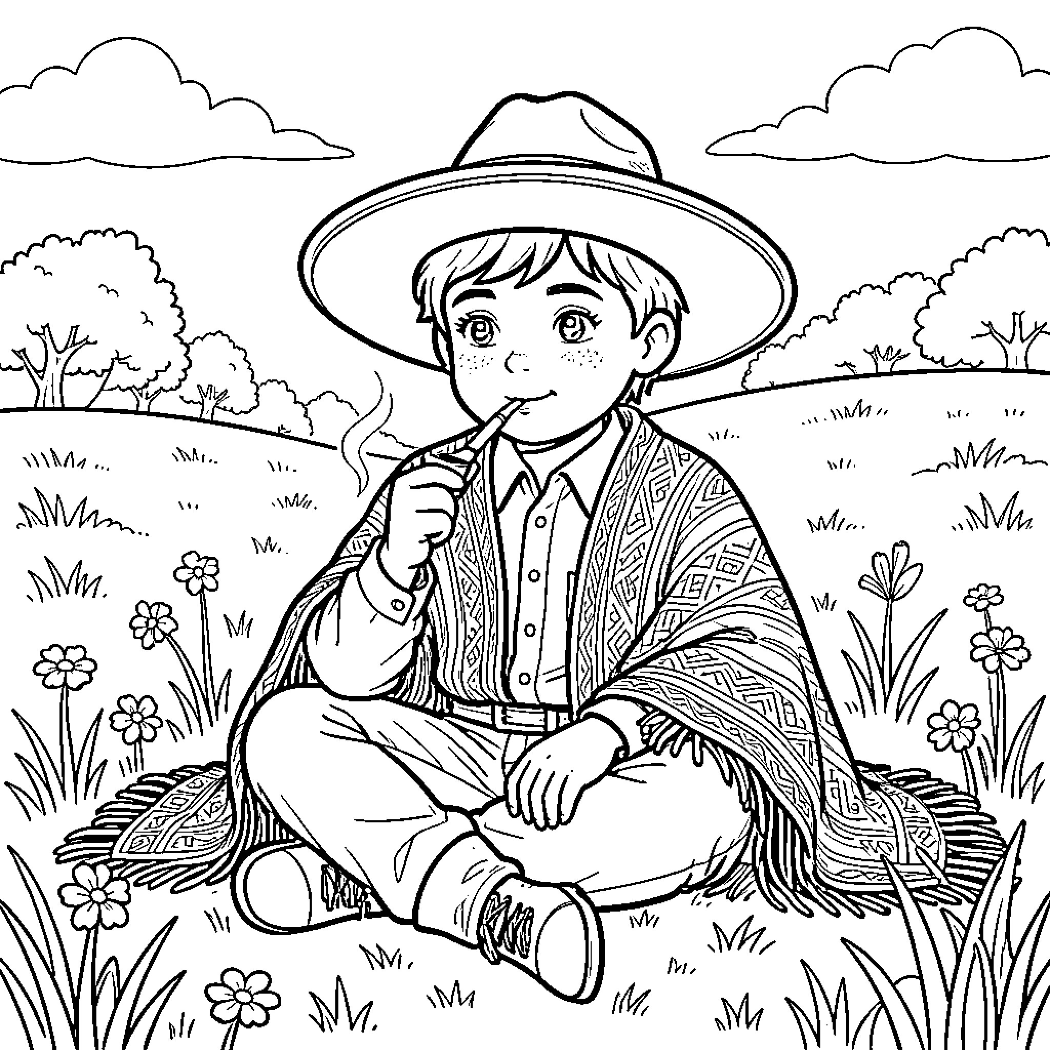 Niño exploring the countryside in his traditional outfit Coloring Page (free black-and-white line drawing printable PDF for all, from beginners to advanced learners, including children, teens, adults, and seniors)