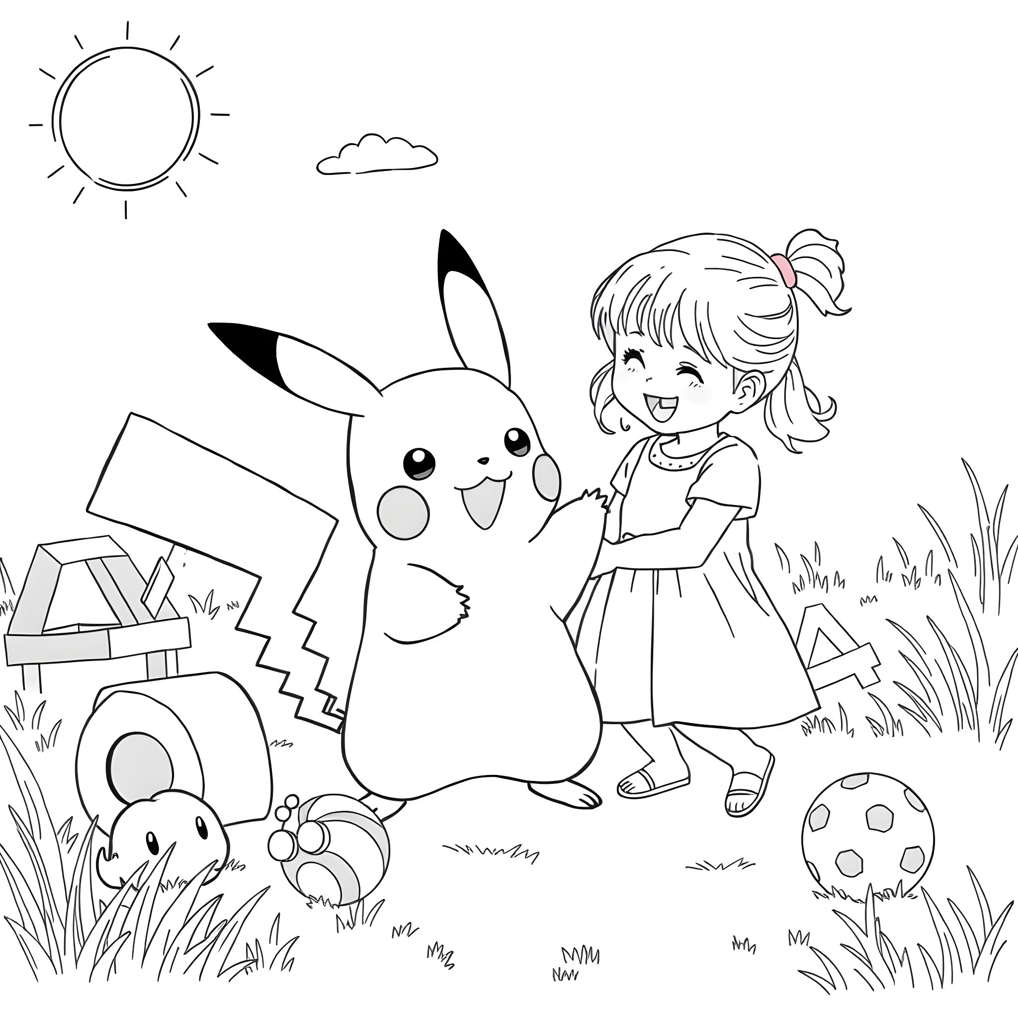 Pikachu and girl playing joyfully in the field Coloring Page (free black-and-white line drawing printable PDF for all, from beginners to advanced learners, including children, teens, adults, and seniors)