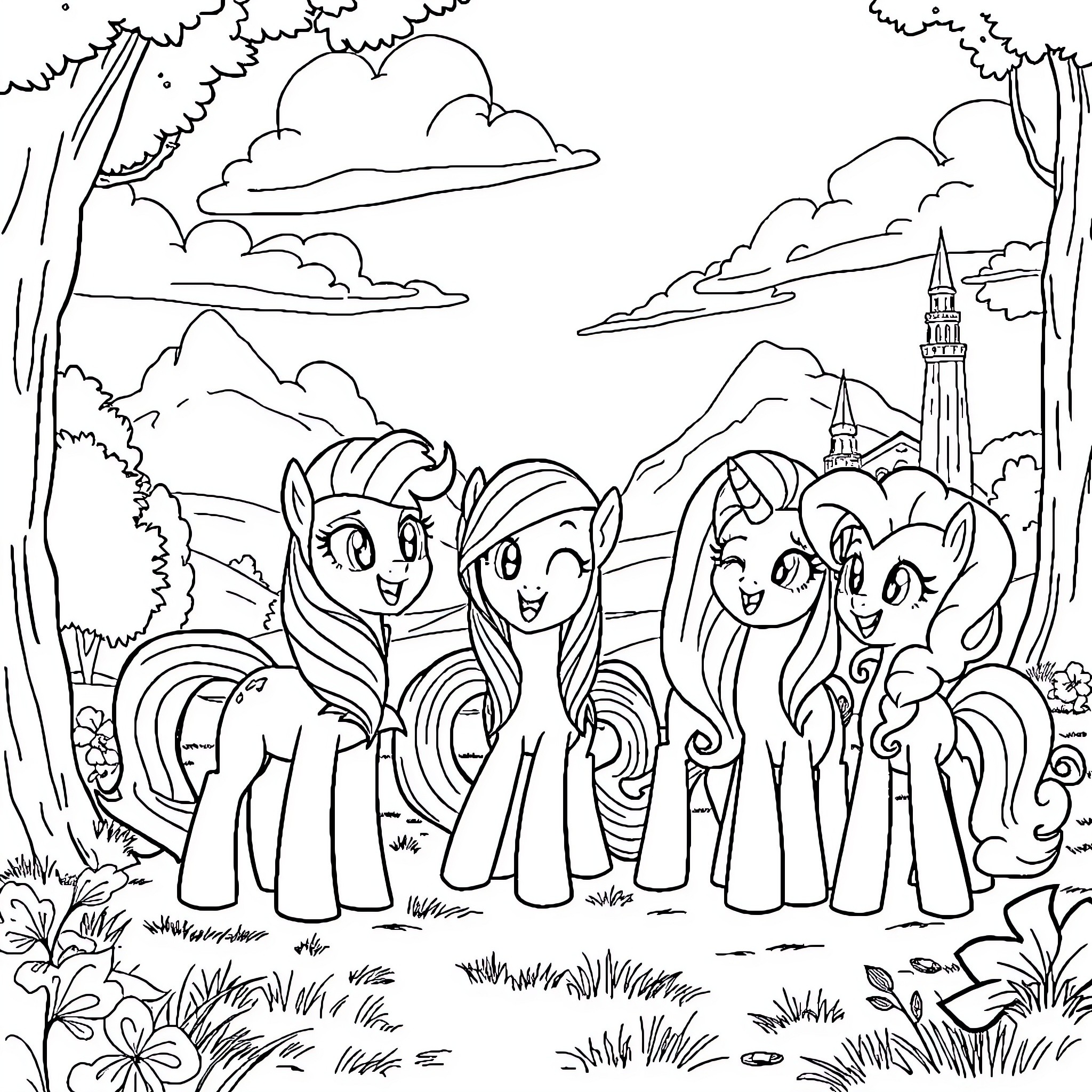 Pony friends exploring a magical forest landscape Coloring Page (free black-and-white line drawing printable PDF for all, from beginners to advanced learners, including children, teens, adults, and seniors)