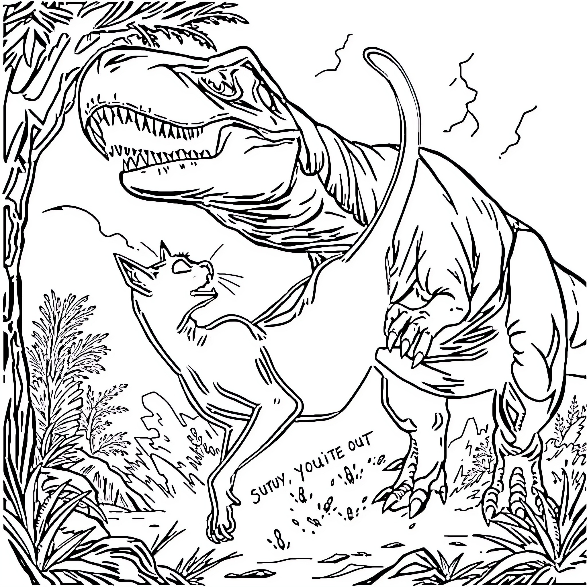 Cat Escaping Fierce Dinosaur in Prehistoric Landscape Coloring Page (free black-and-white line drawing printable PDF for all, from beginners to advanced learners, including children, teens, adults, and seniors)