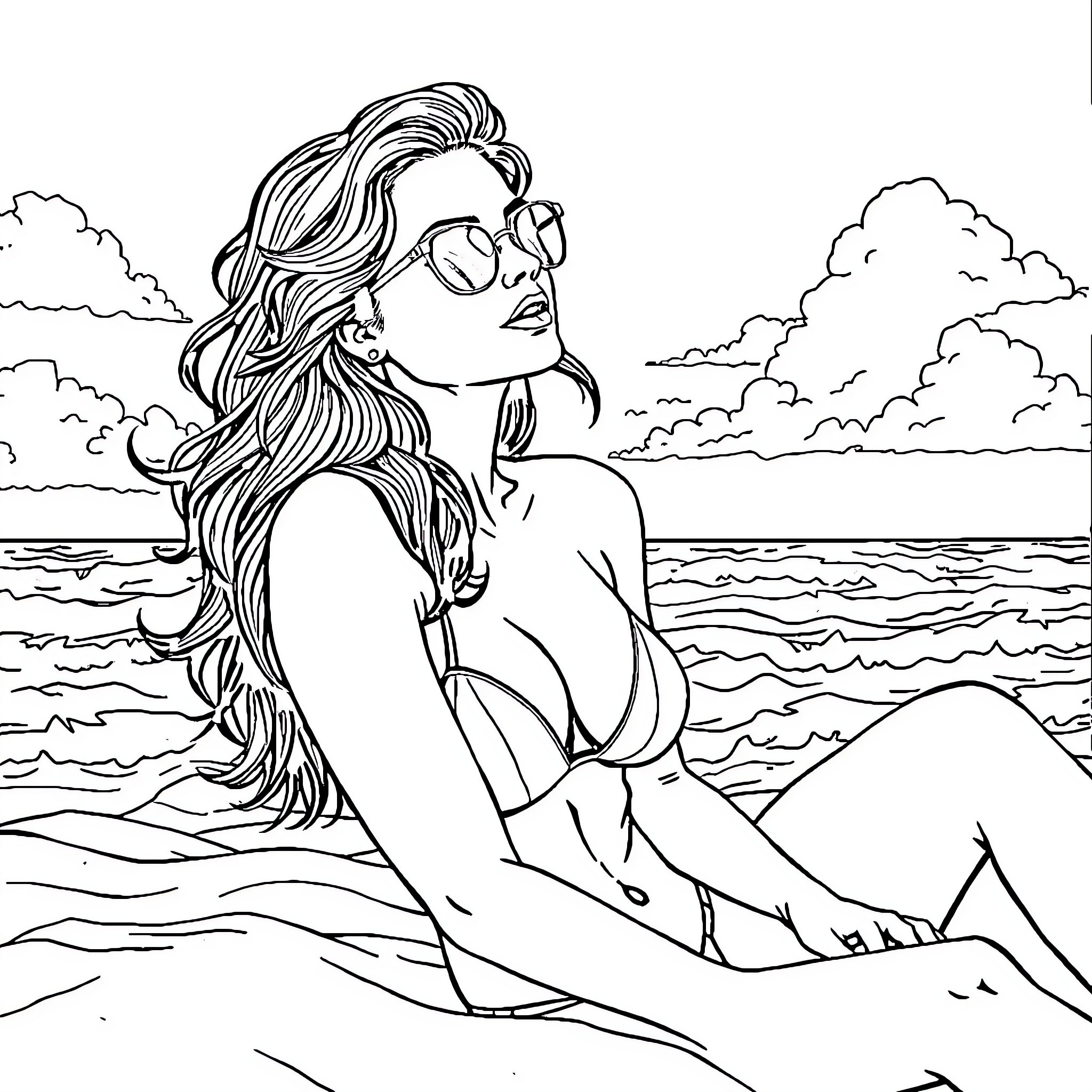 Carmen Electra relaxing on the beach Coloring Page (free black-and-white line drawing printable PDF for all, from beginners to advanced learners, including children, teens, adults, and seniors)