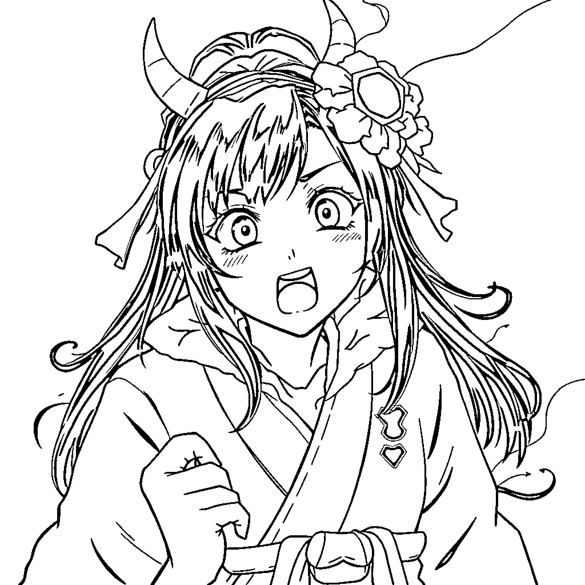 Nezuko's Surprised Expression and Unique Attire Coloring Page (free black-and-white line drawing printable PDF for all, from beginners to advanced learners, including children, teens, adults, and seniors)