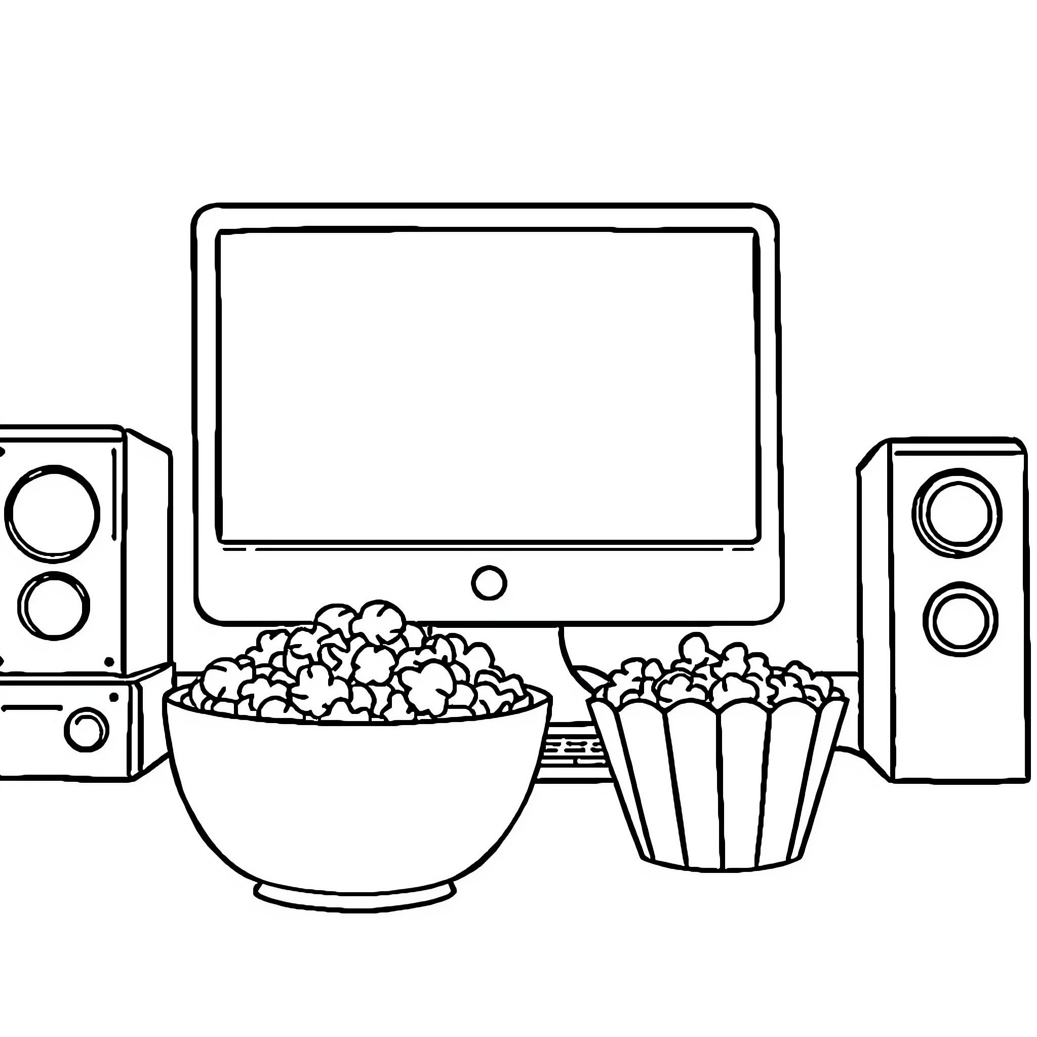 Computer screen with entertainment items Coloring Page (free black-and-white line drawing printable PDF for all, from beginners to advanced learners, including children, teens, adults, and seniors)