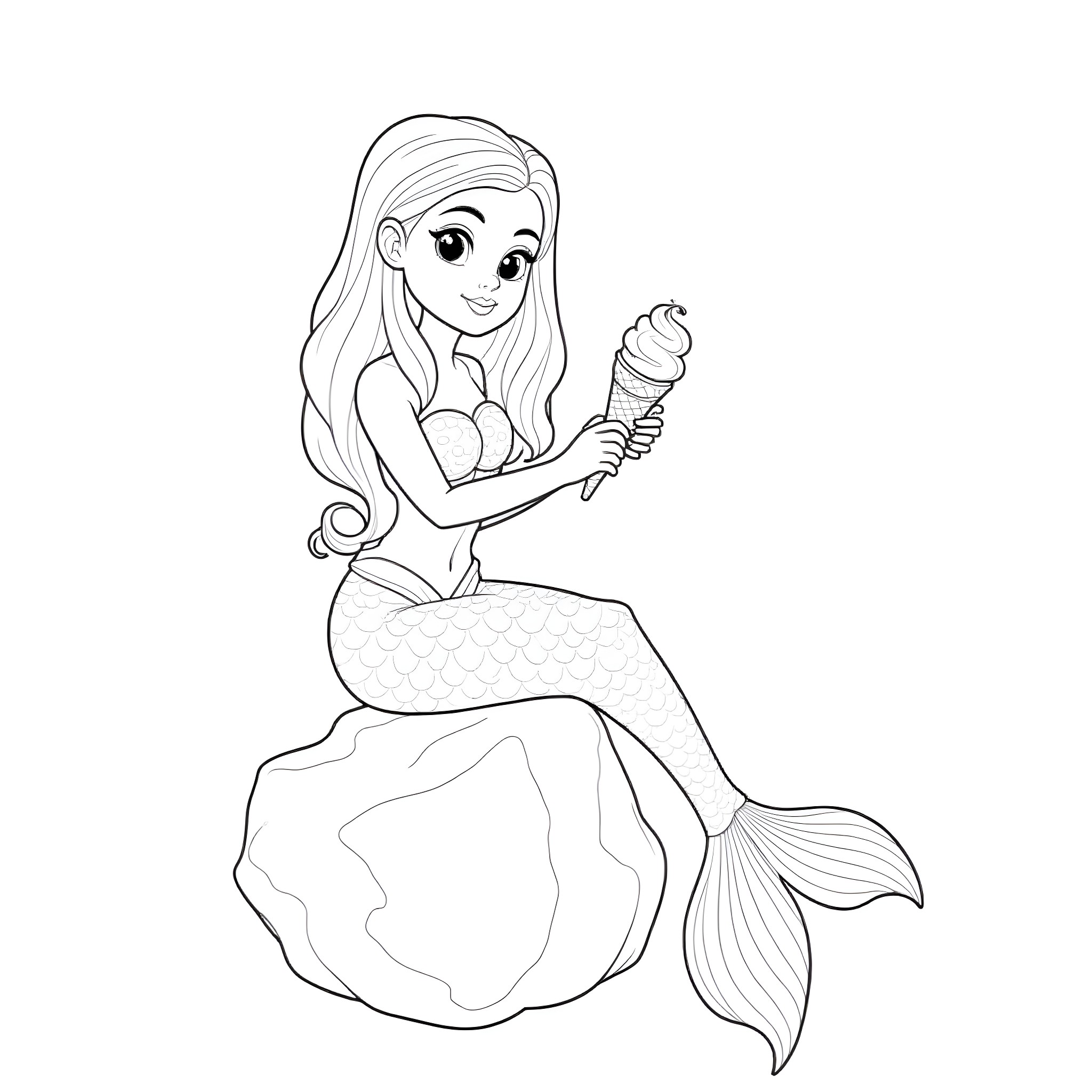 Mermaid playing with a seashell Coloring Page (free black-and-white line drawing printable PDF for all, from beginners to advanced learners, including children, teens, adults, and seniors)