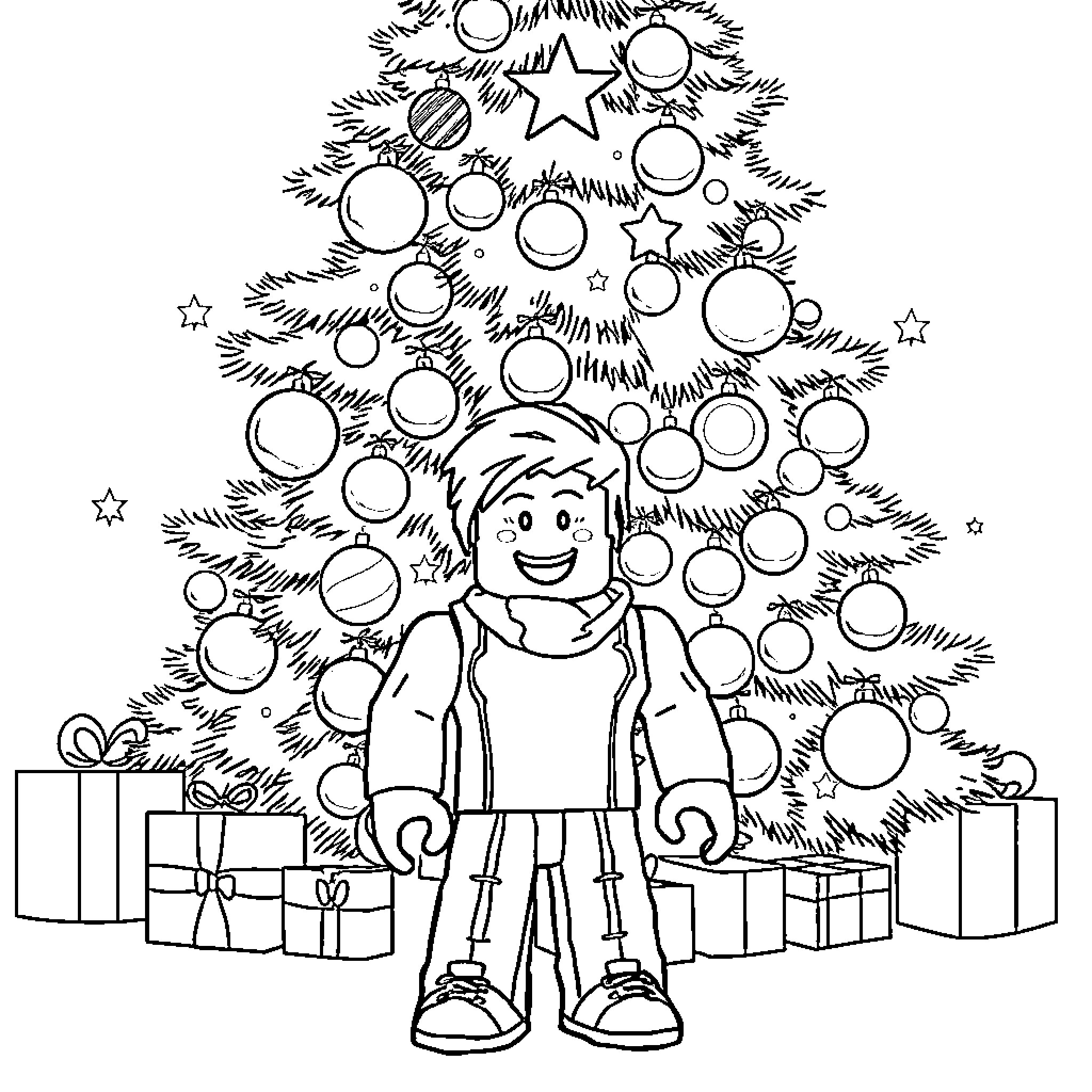 Roblox Character Celebrating Christmas with Tree and Gifts Coloring Page (free black-and-white line drawing printable PDF for all, from beginners to advanced learners, including children, teens, adults, and seniors)