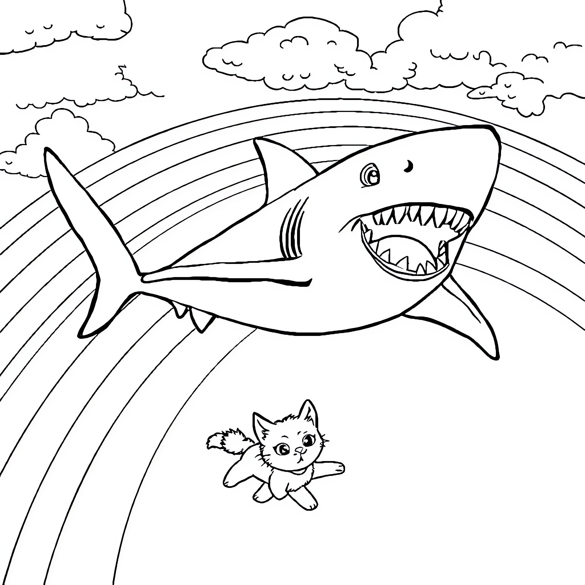 Cat chasing a shark under a rainbow Coloring Page (free black-and-white line drawing printable PDF for all, from beginners to advanced learners, including children, teens, adults, and seniors)