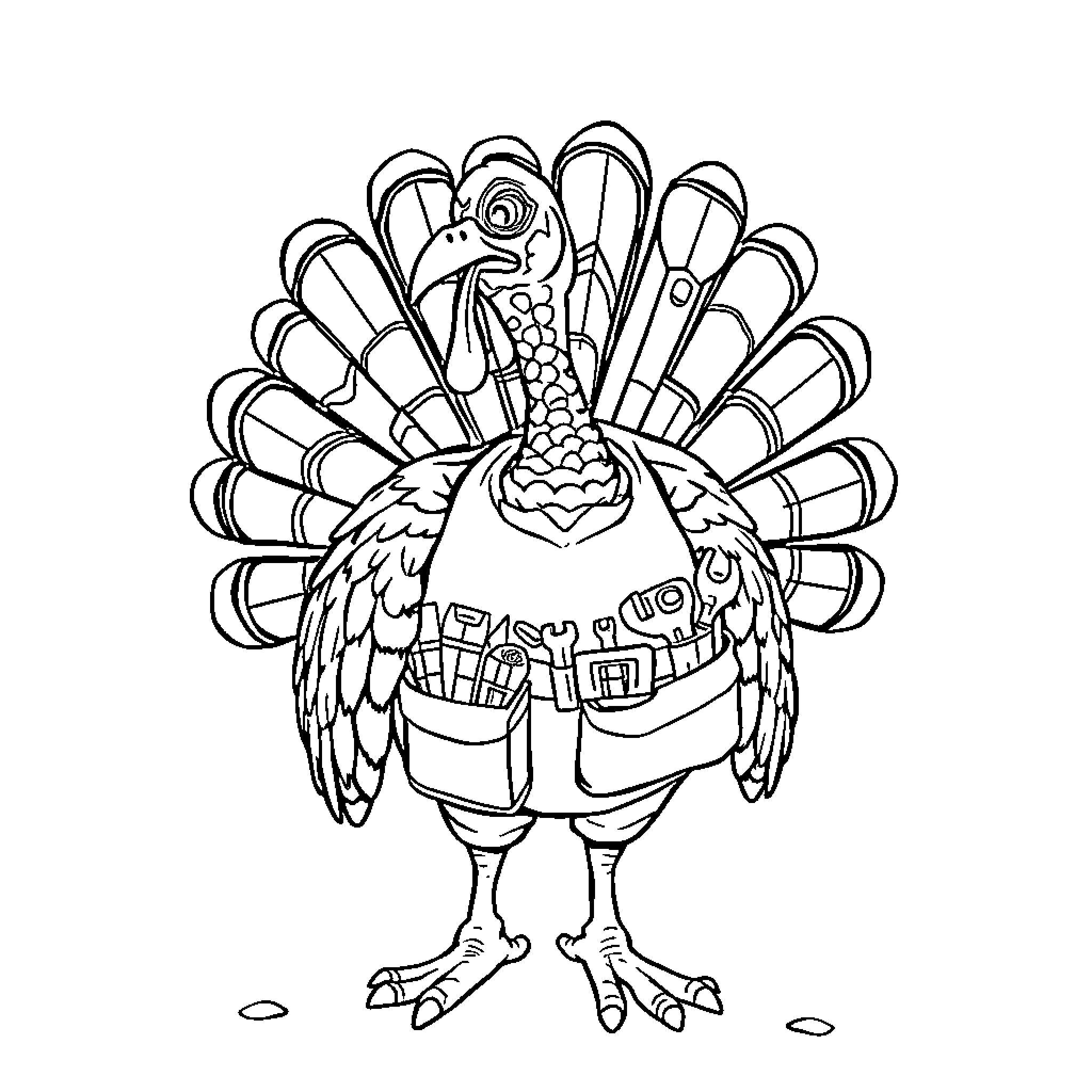 Turkey standing proudly with decorative patterns Coloring Page (free black-and-white line drawing printable PDF for all, from beginners to advanced learners, including children, teens, adults, and seniors)